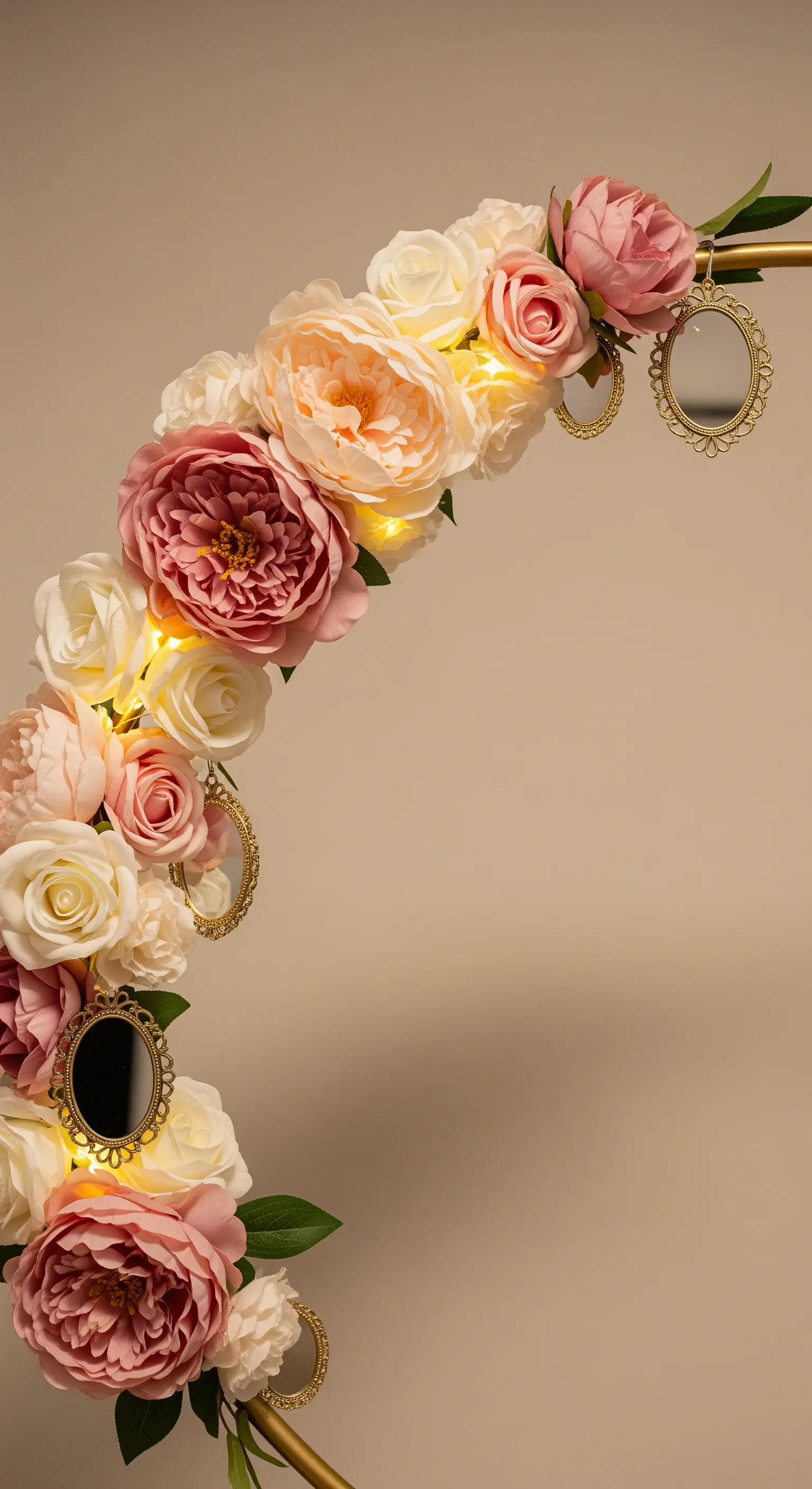 Dettaglio di un arco dorato decorato con rose, peonie, lucine e piccoli specchi barocchi.