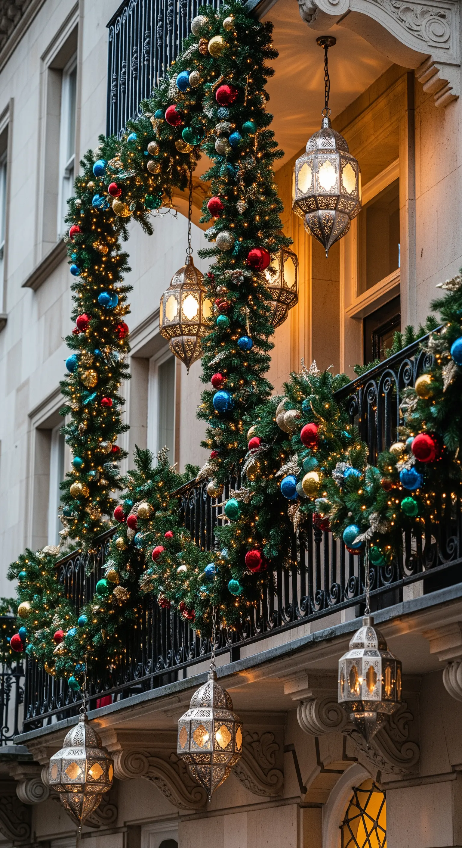 Balcone con un imponente arco di ghirlanda decorato con palline colorate e lanterne marocchine pendenti