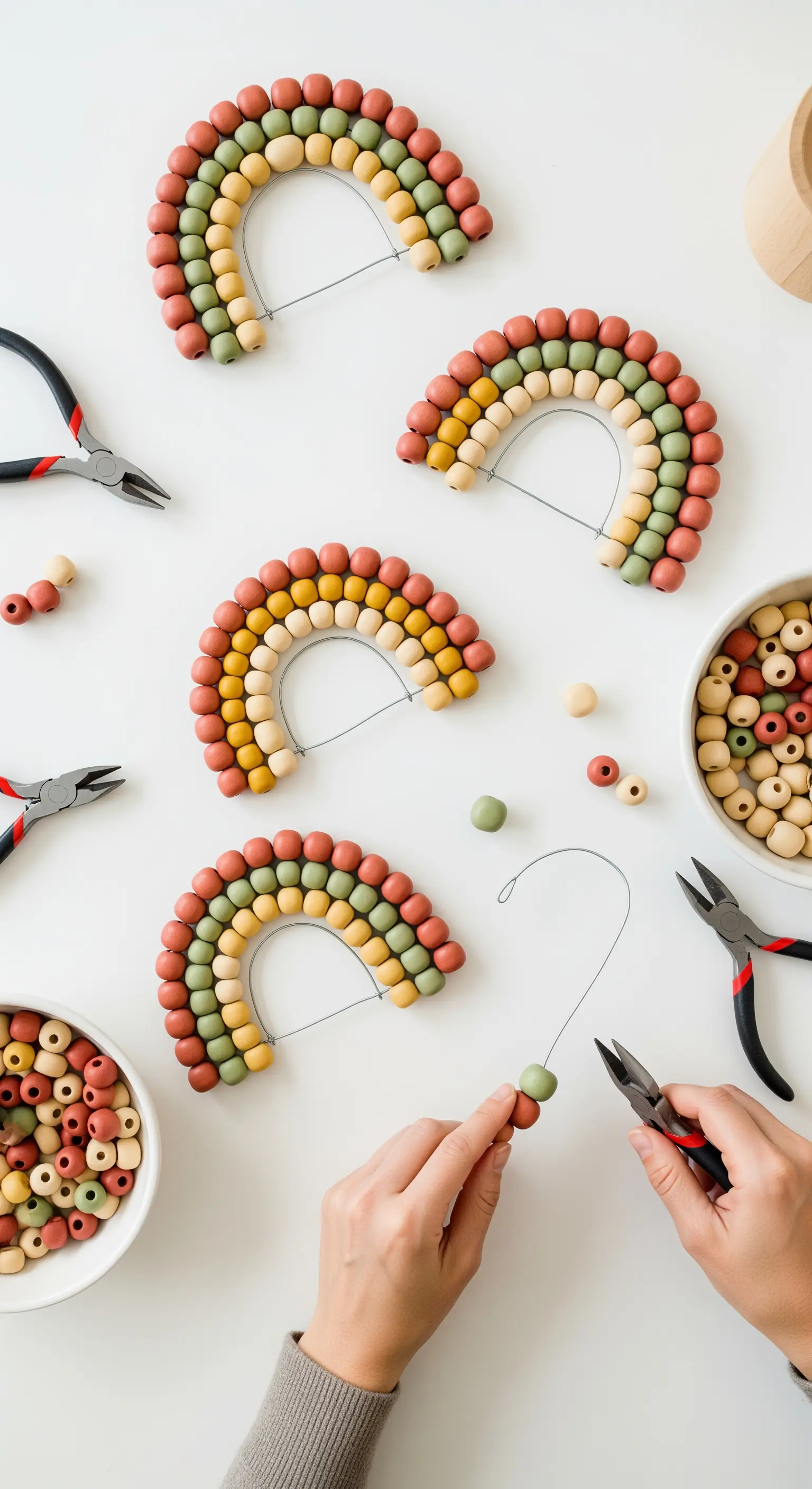 Creazione di decorazioni murali a forma di arcobaleno con perline di legno colorate e pinze.