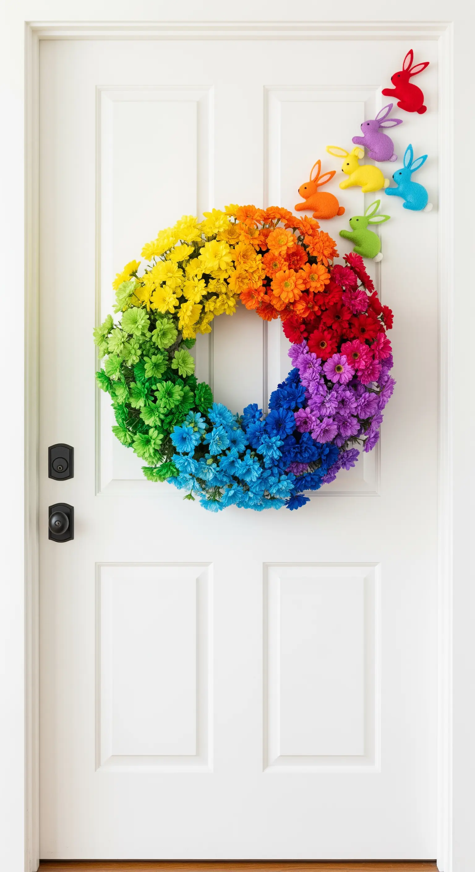 Ghirlanda di fiori arcobaleno con una scia di coniglietti colorati in feltro.
