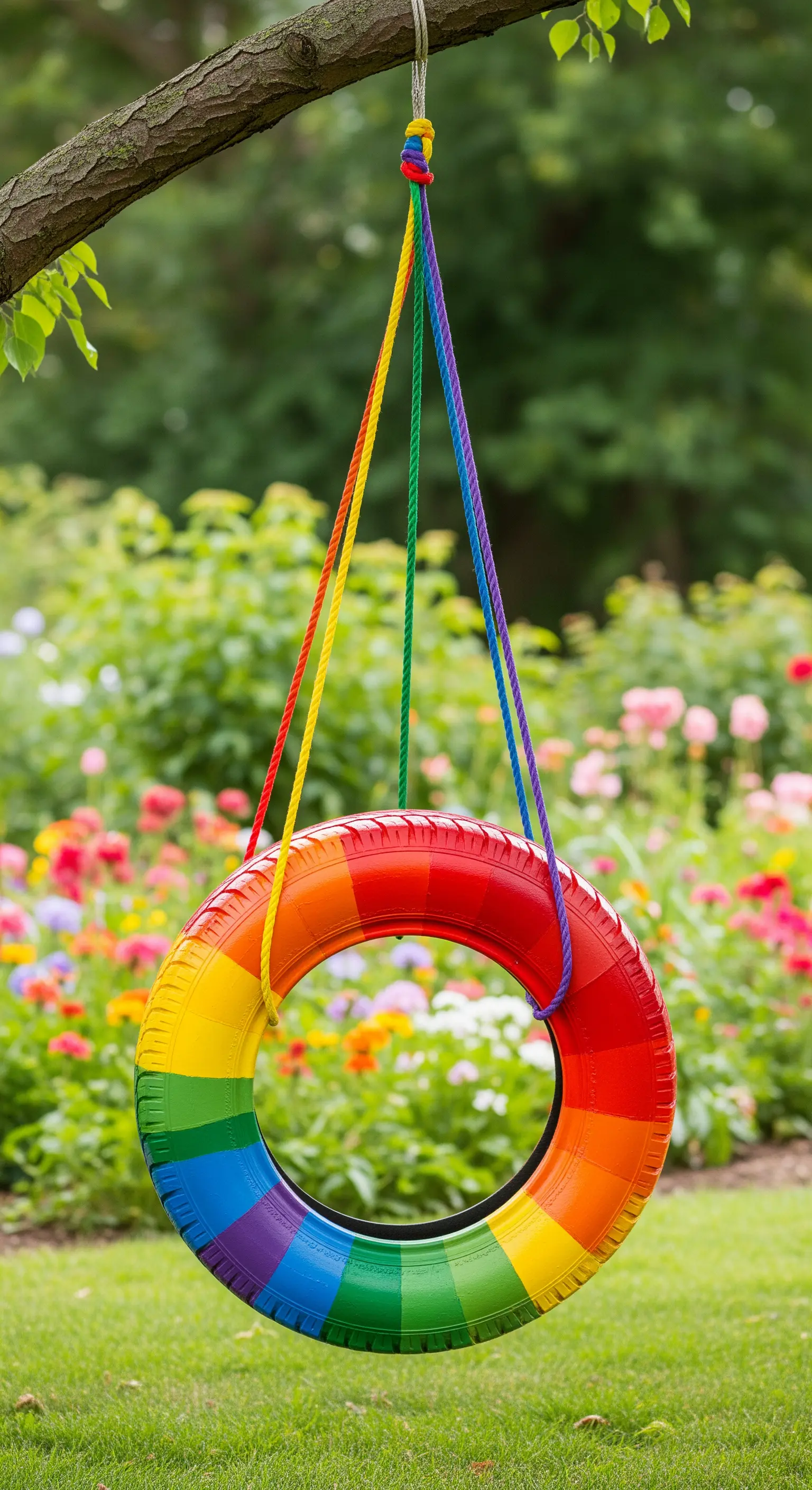 Altalena realizzata con un pneumatico dipinto con tutti i colori dell'arcobaleno.