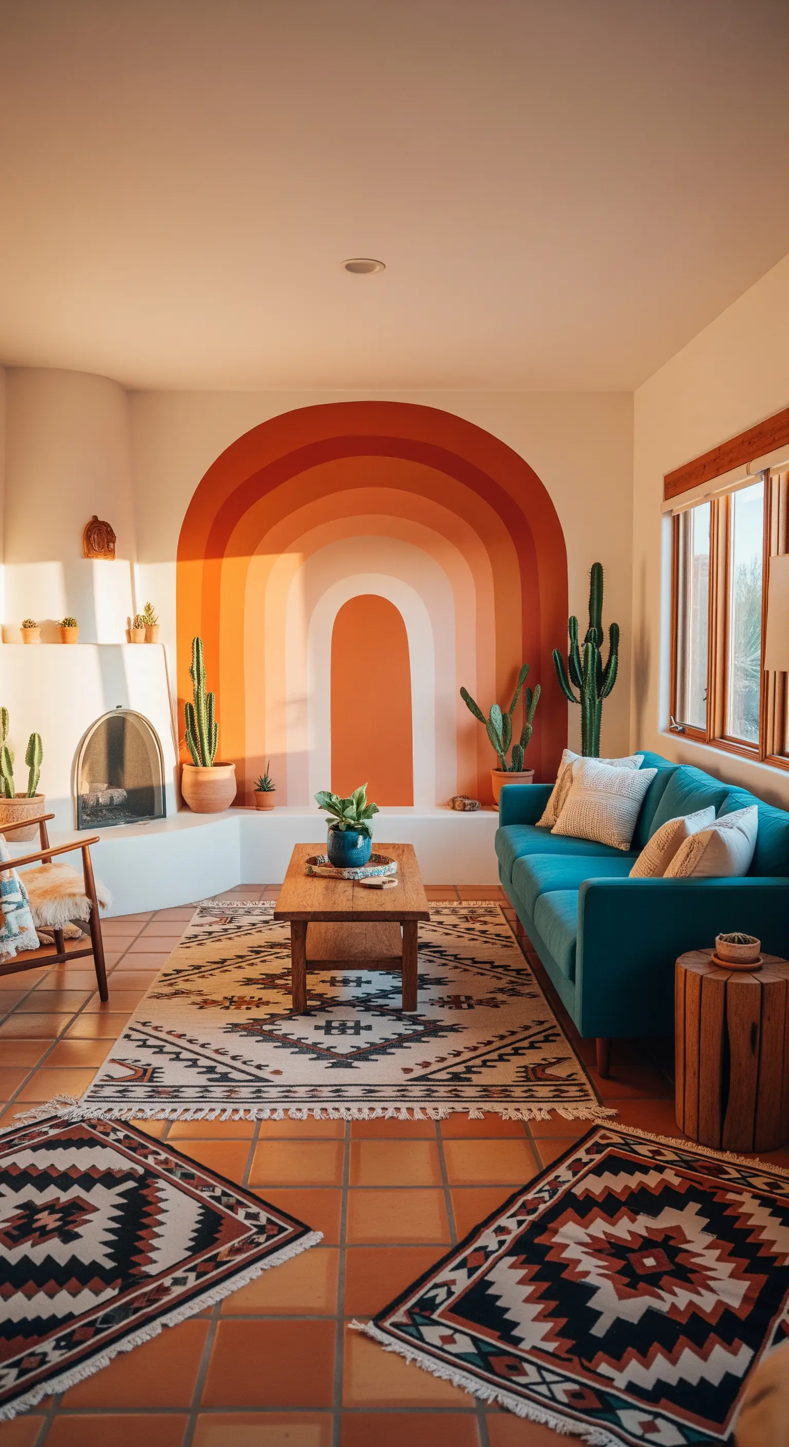 Soggiorno boho con murale a forma di arcobaleno nei toni della terra e divano ottanio.