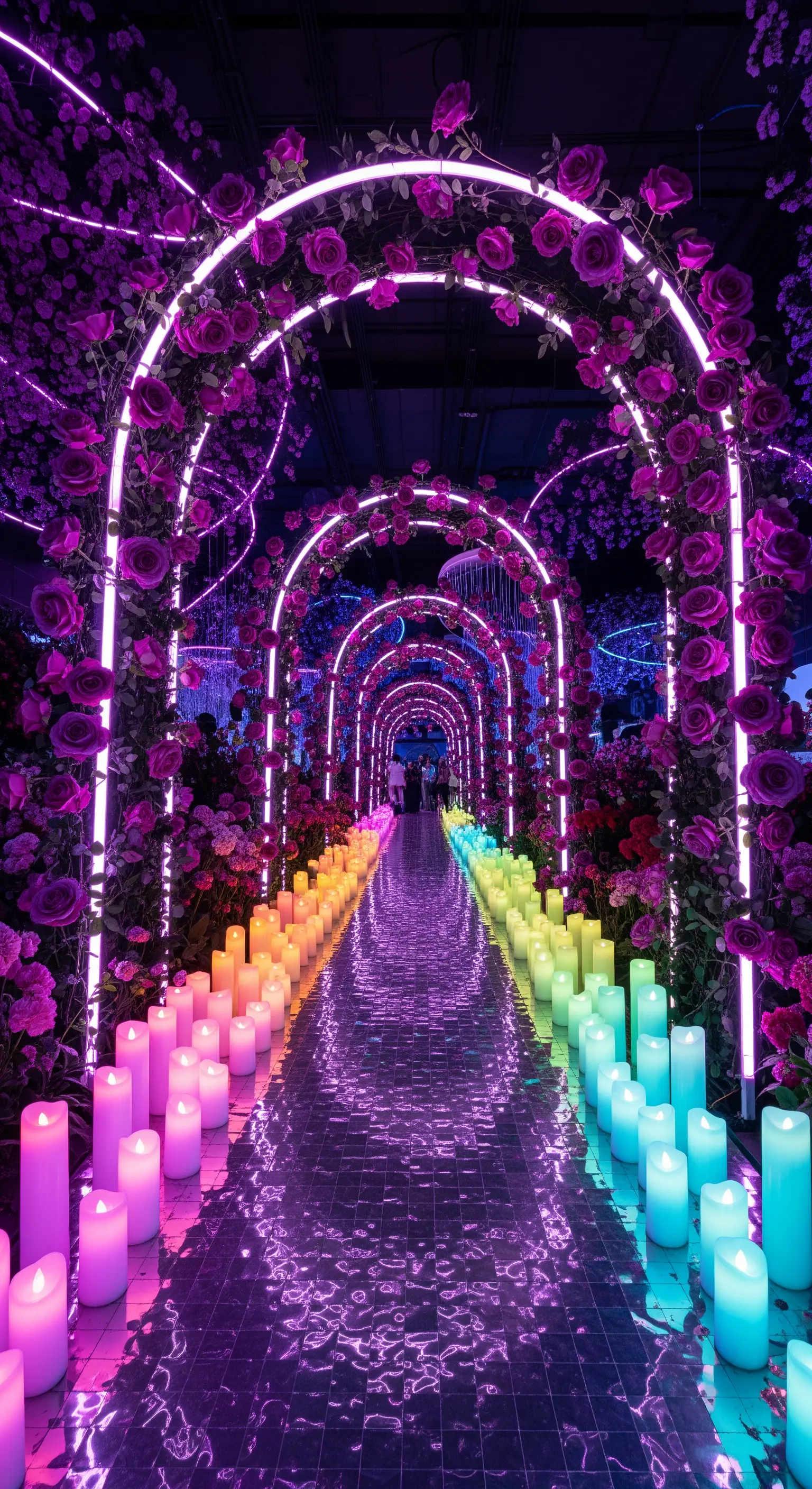 Tunnel di archi con luci al neon viola e un sentiero di candele LED colorate su un pavimento riflettente.