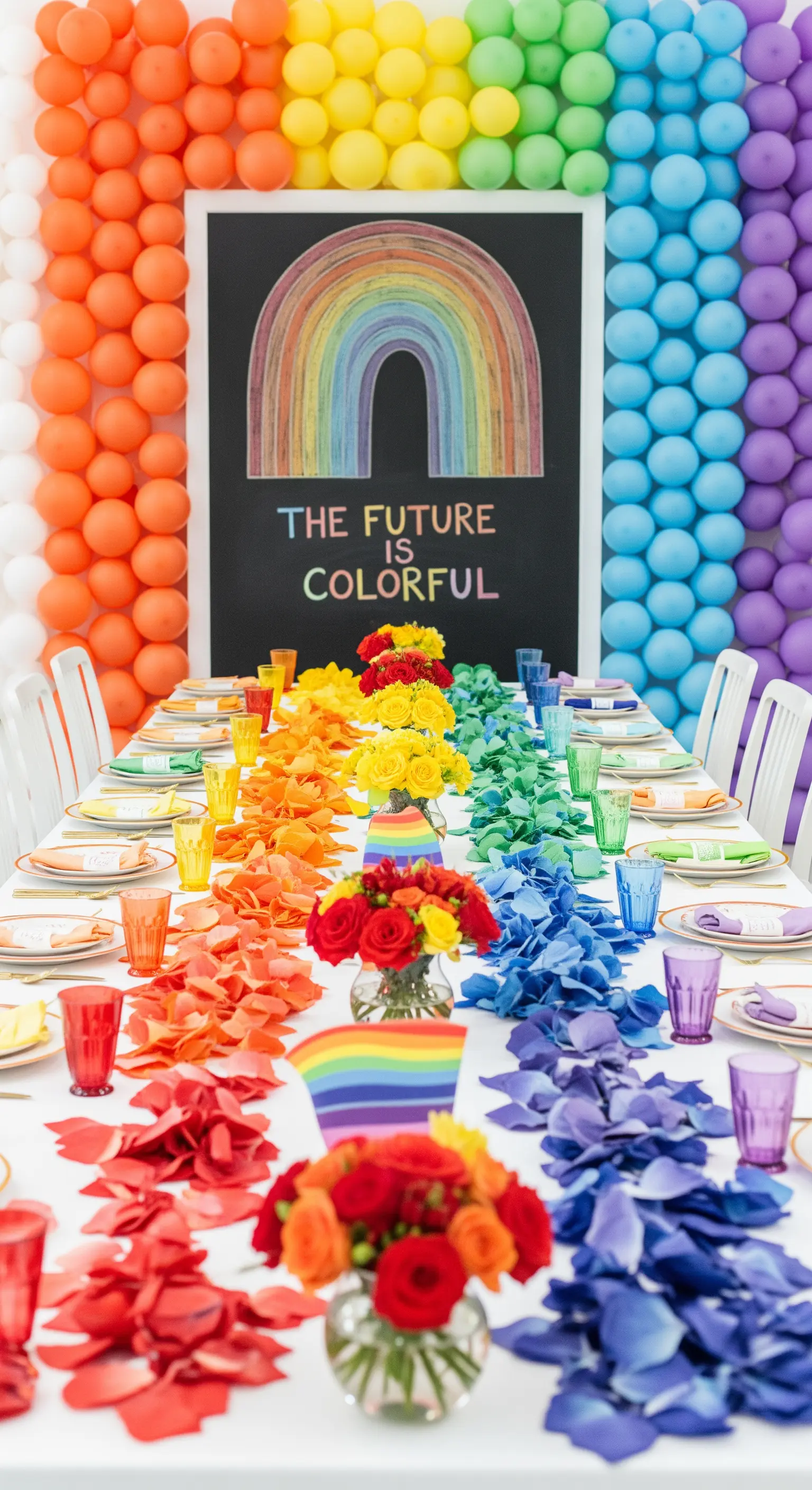 Tavola allestita con decorazioni arcobaleno, runner di petali e arco di palloncini.