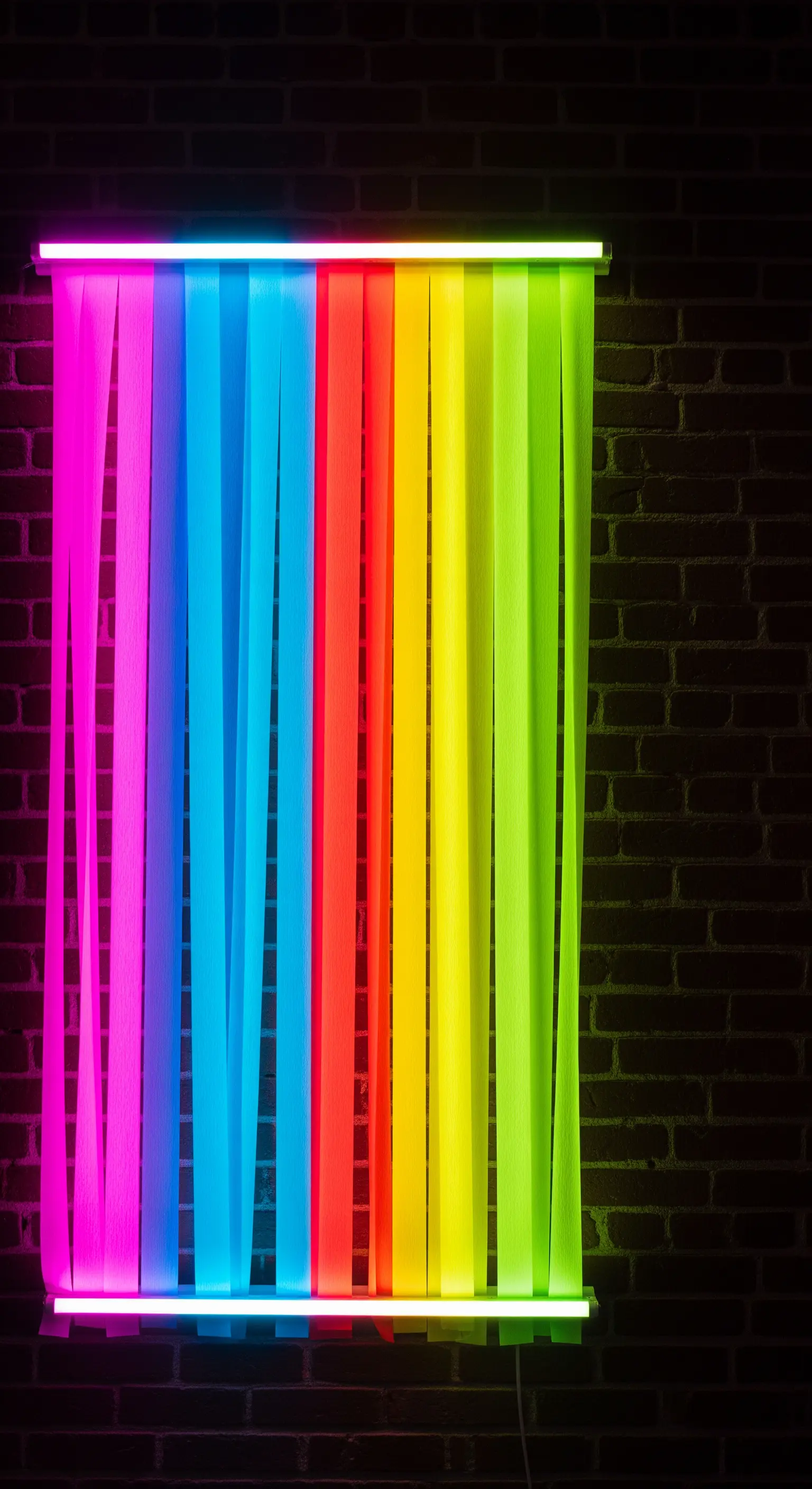 Installazione luminosa con strisce di carta arcobaleno incorniciate da luci neon su un muro di mattoni.