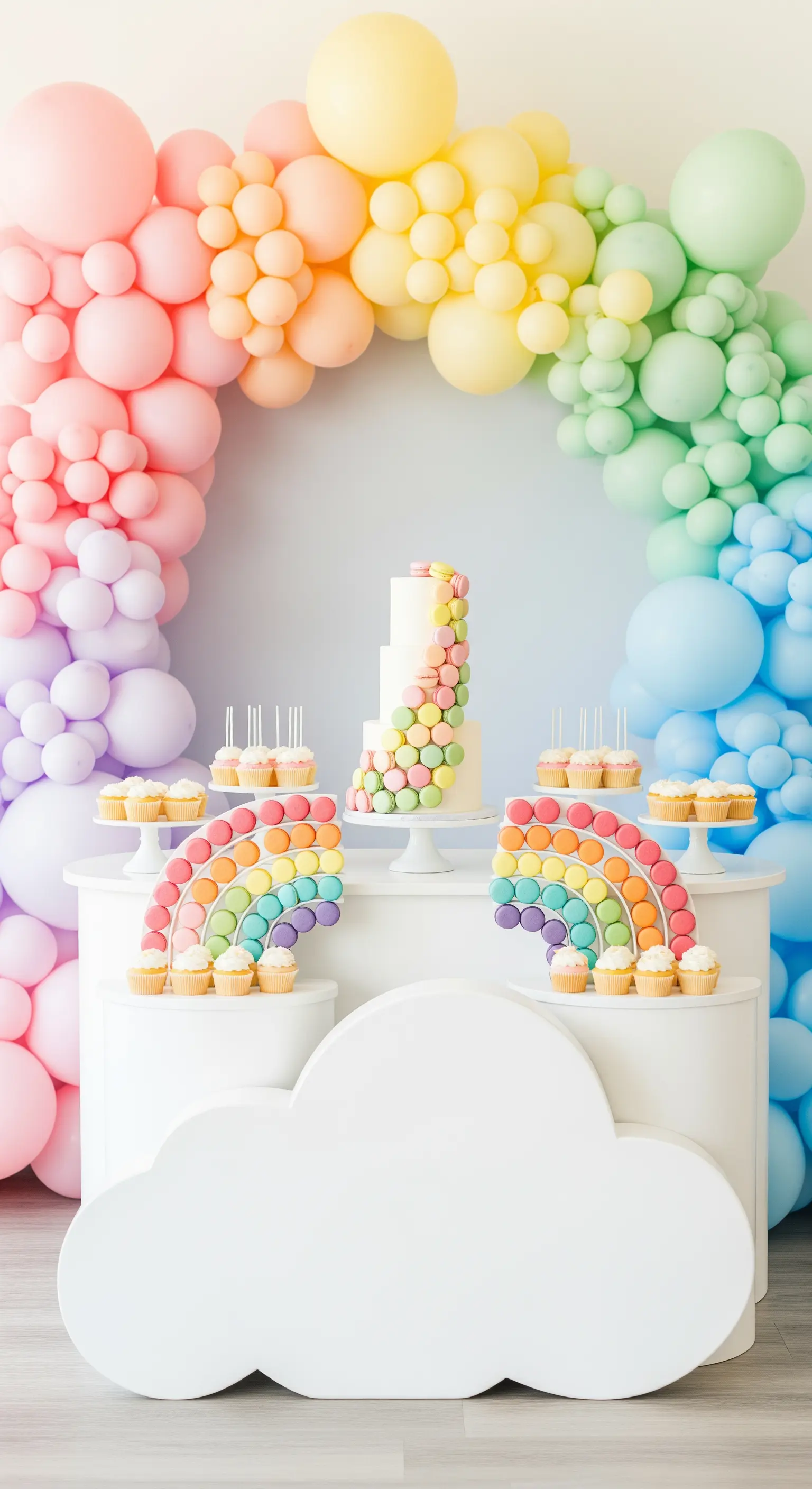 Torta bianca decorata con macarons, incorniciata da un grande arco di palloncini color pastello
