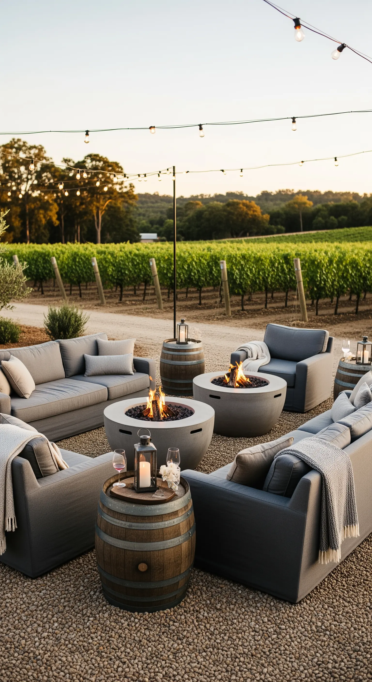 Area lounge all'aperto con divani, bracieri accesi e botti come tavolini.