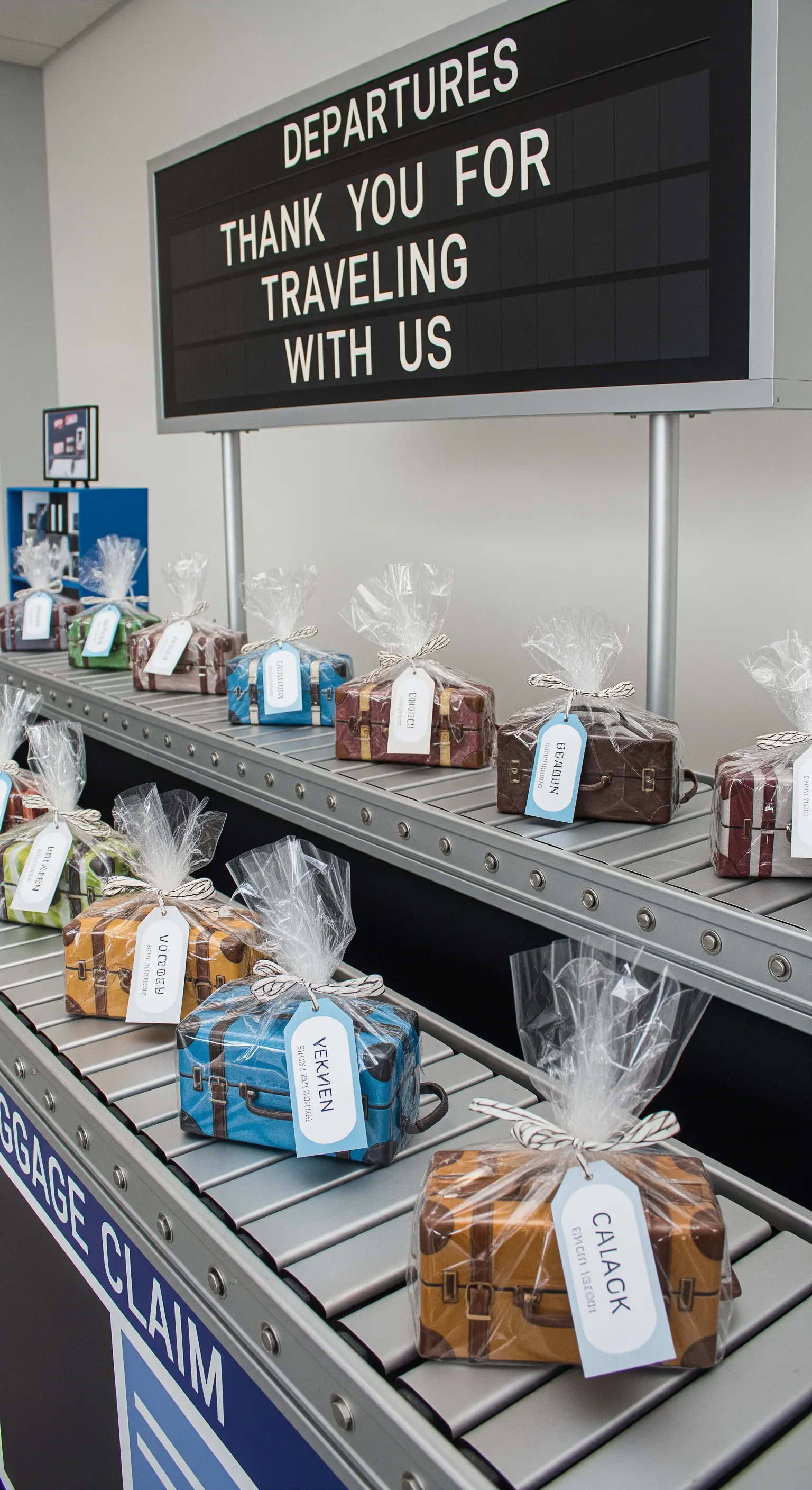 Bomboniere a forma di valigia su un finto nastro trasportatore da aeroporto.