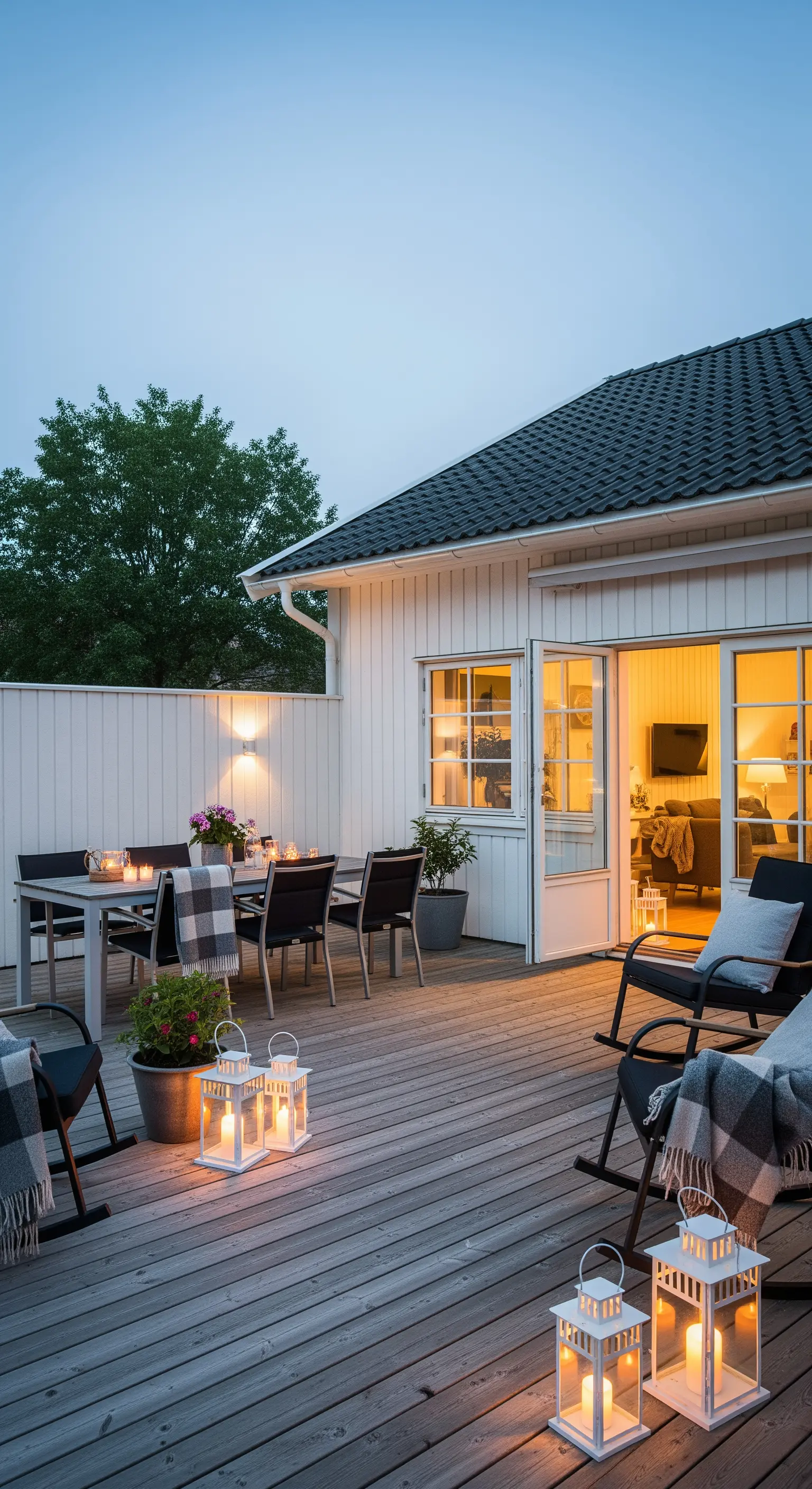 Grande patio in legno con zona pranzo e angolo relax con sedie a dondolo e lanterne.