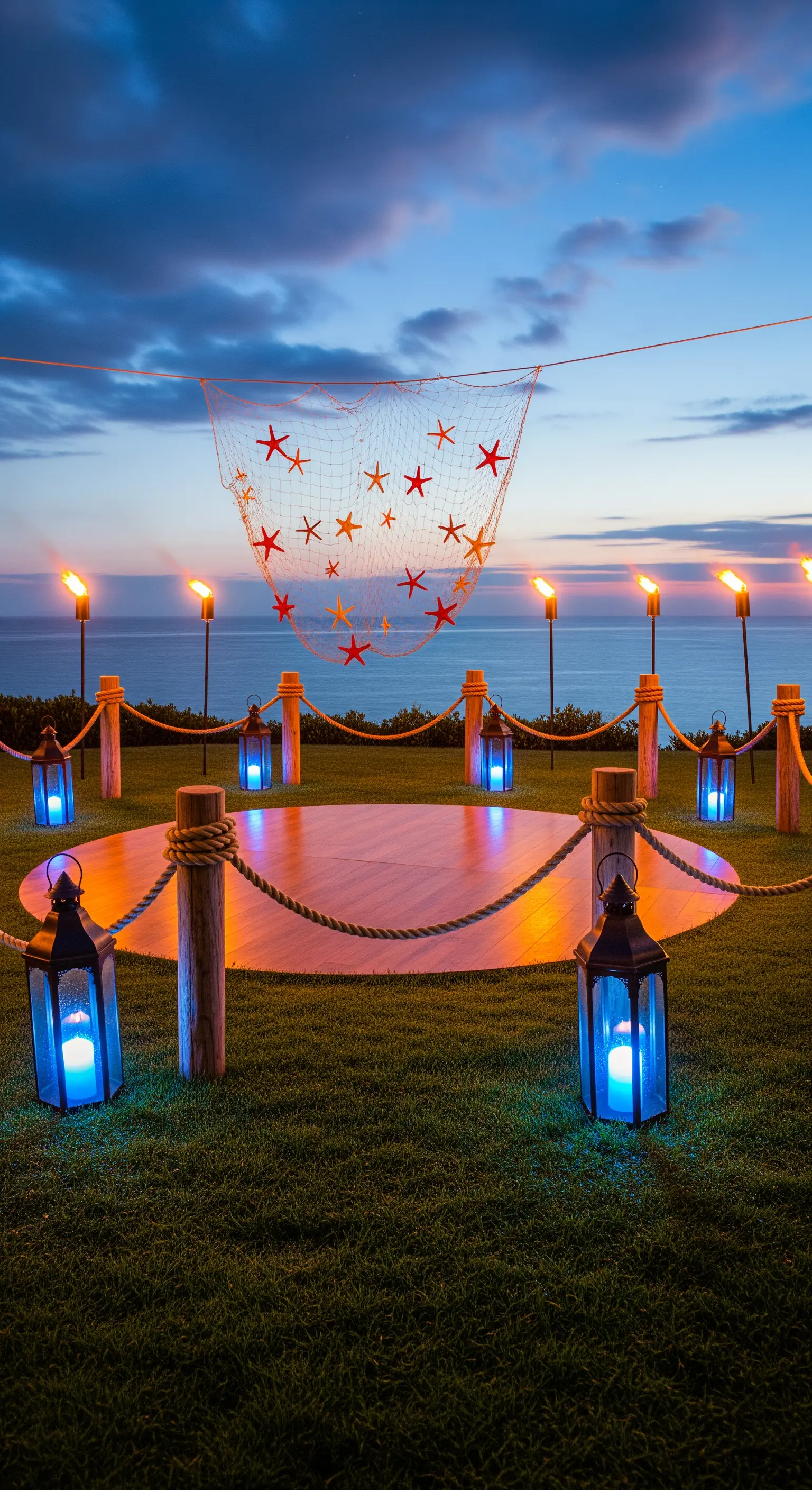 Pista da ballo all'aperto con vista mare, circondata da lanterne e torce