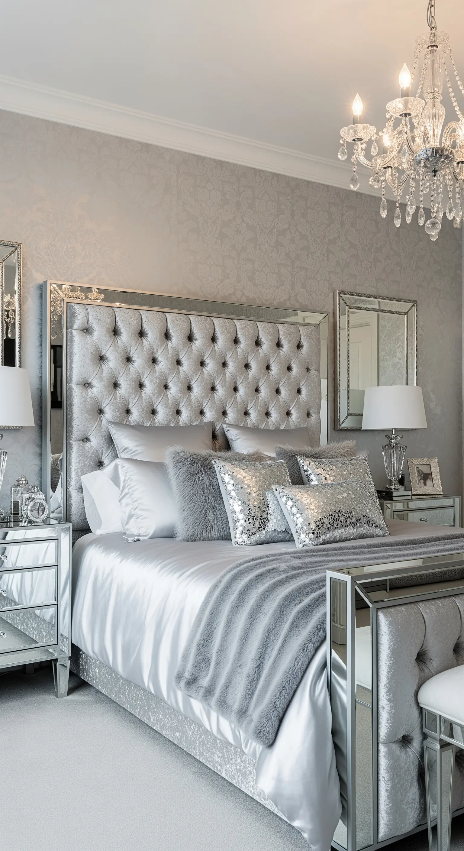 Camera da letto glamour con letto e mobili specchiati e tessuti argentati.