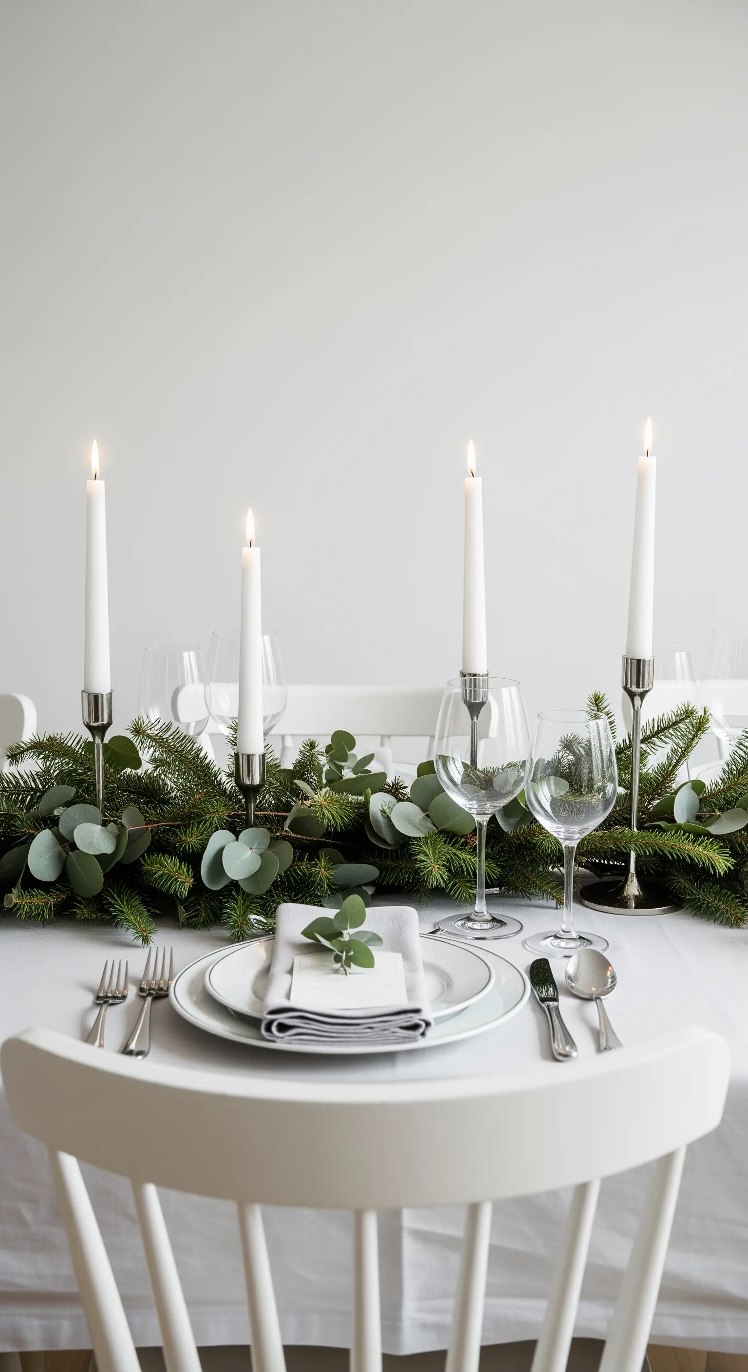 Tavola di Natale elegante con ghirlanda di pino ed eucalipto e candelieri d'argento.