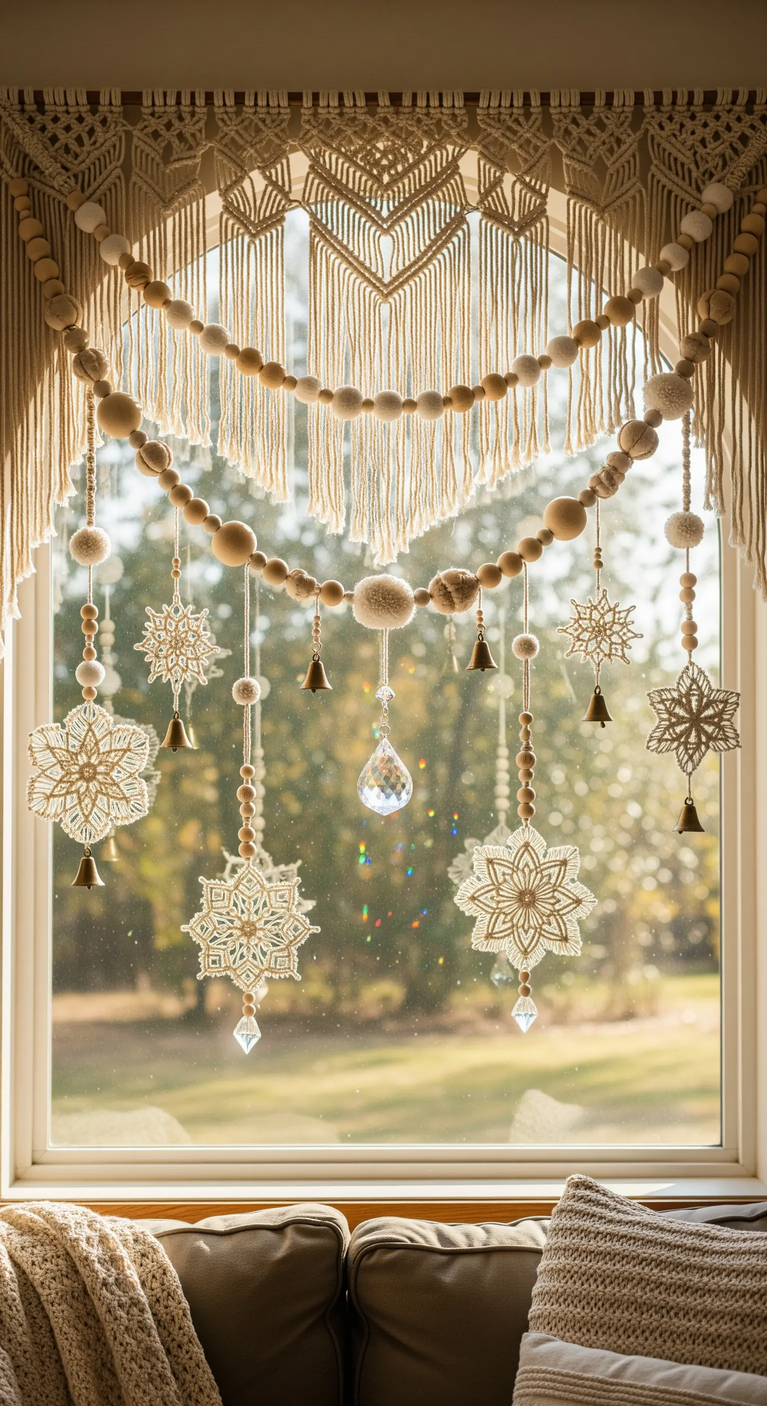 Decorazione per finestra in stile boho con macramè, perline di legno e fiocchi di neve.