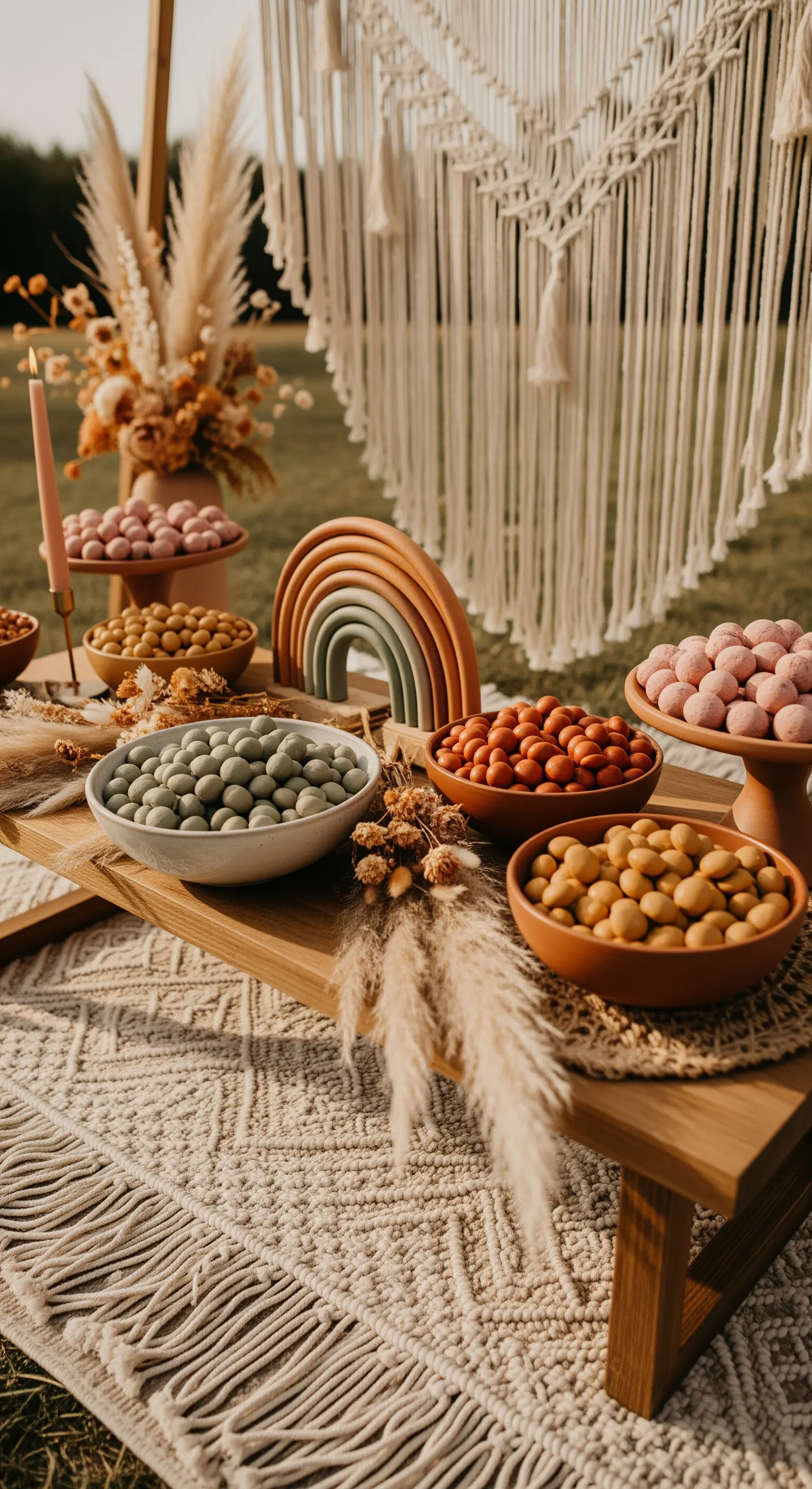 Candy bar in stile bohémien con colori della terra, ciotole in ceramica, pampas e macramè