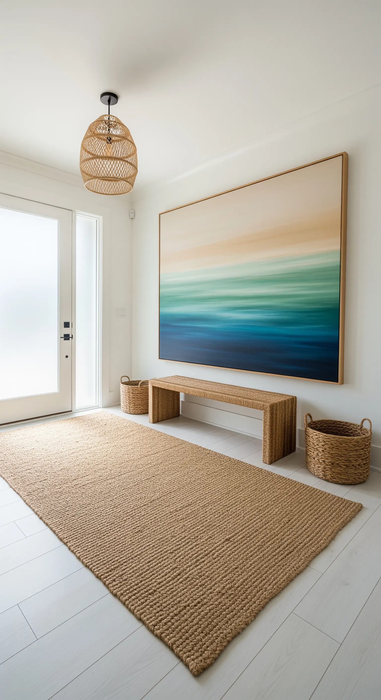 Ingresso in stile costiero con quadro paesaggistico, tappeto e panca in fibre naturali.