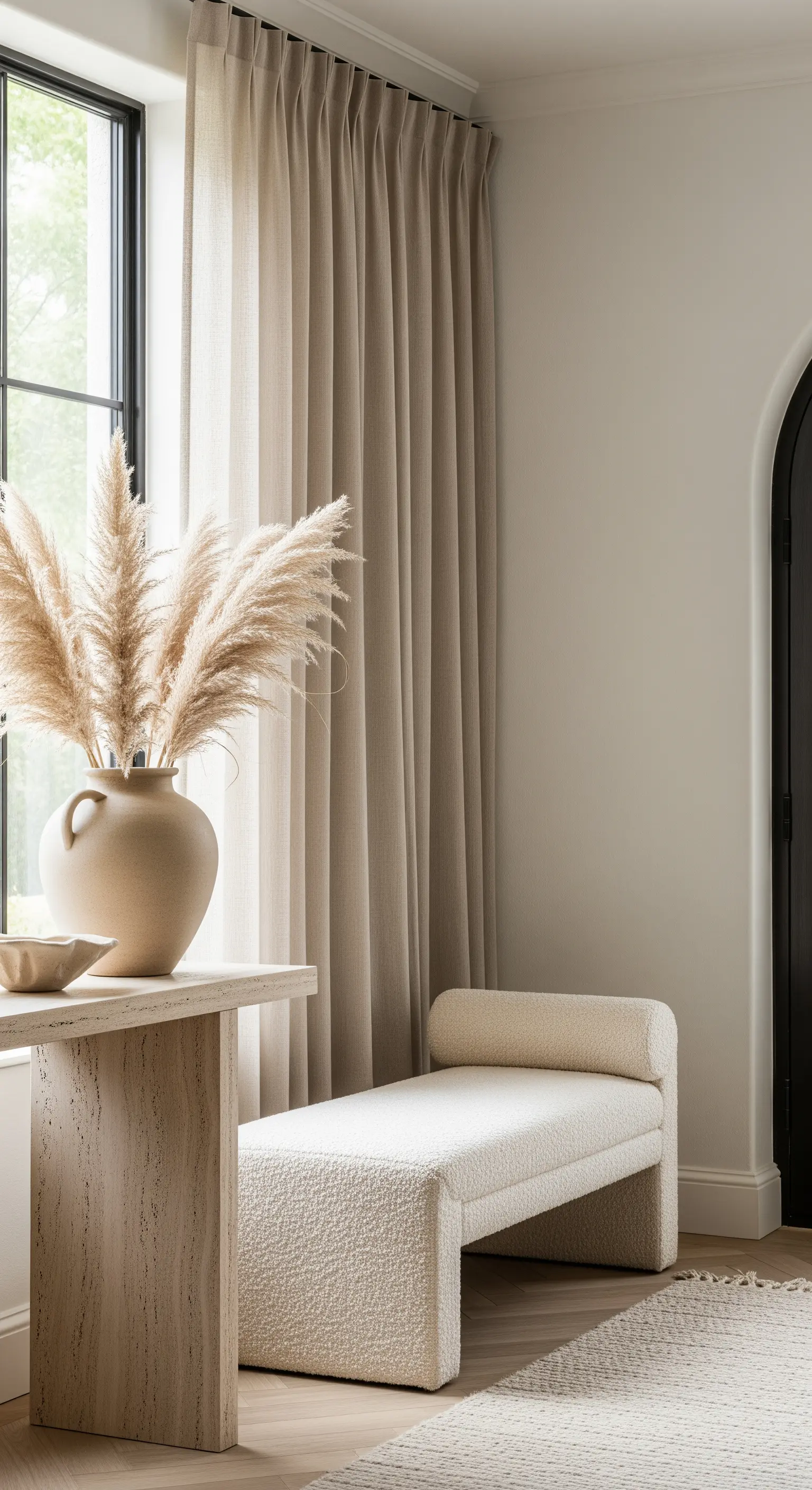 Ingresso neutro con panca in tessuto bouclé, tende in lino beige e vaso con erba della pampas.