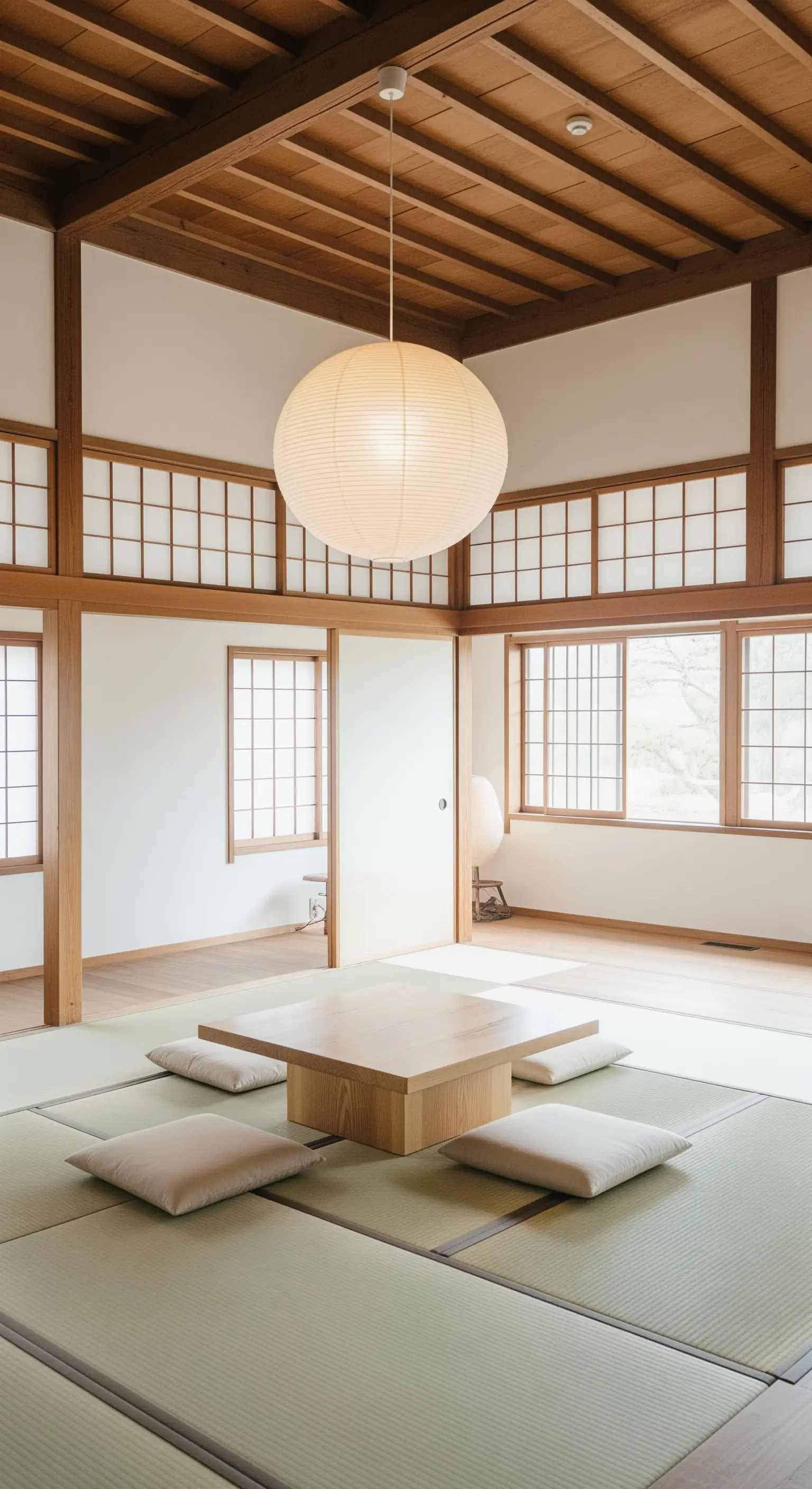 Ampia stanza con soffitto in legno, pareti shoji, un grande tavolo basso e una lampada di carta.