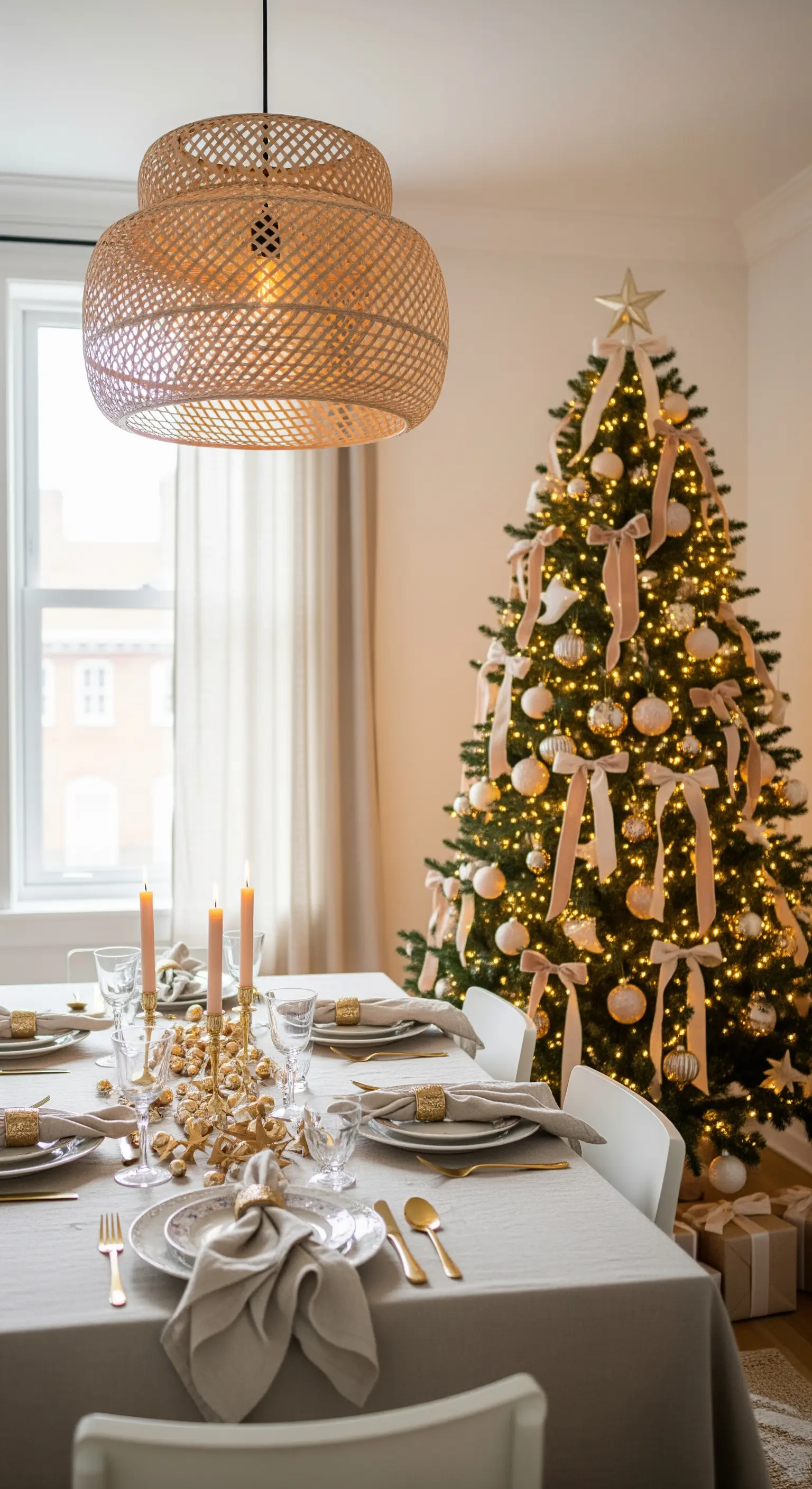 Albero di Natale illuminato in una sala da pranzo, con decorazioni bianche e fiocchi color crema