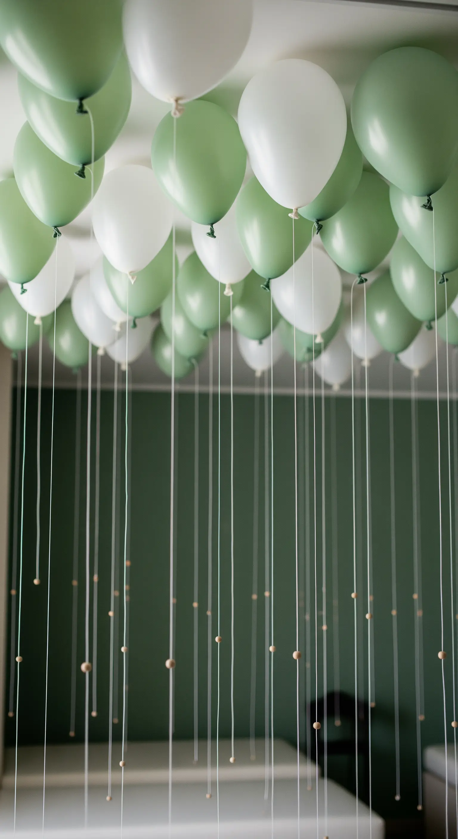 Palloncini verde salvia e bianchi con fili decorati da piccole perline di legno.