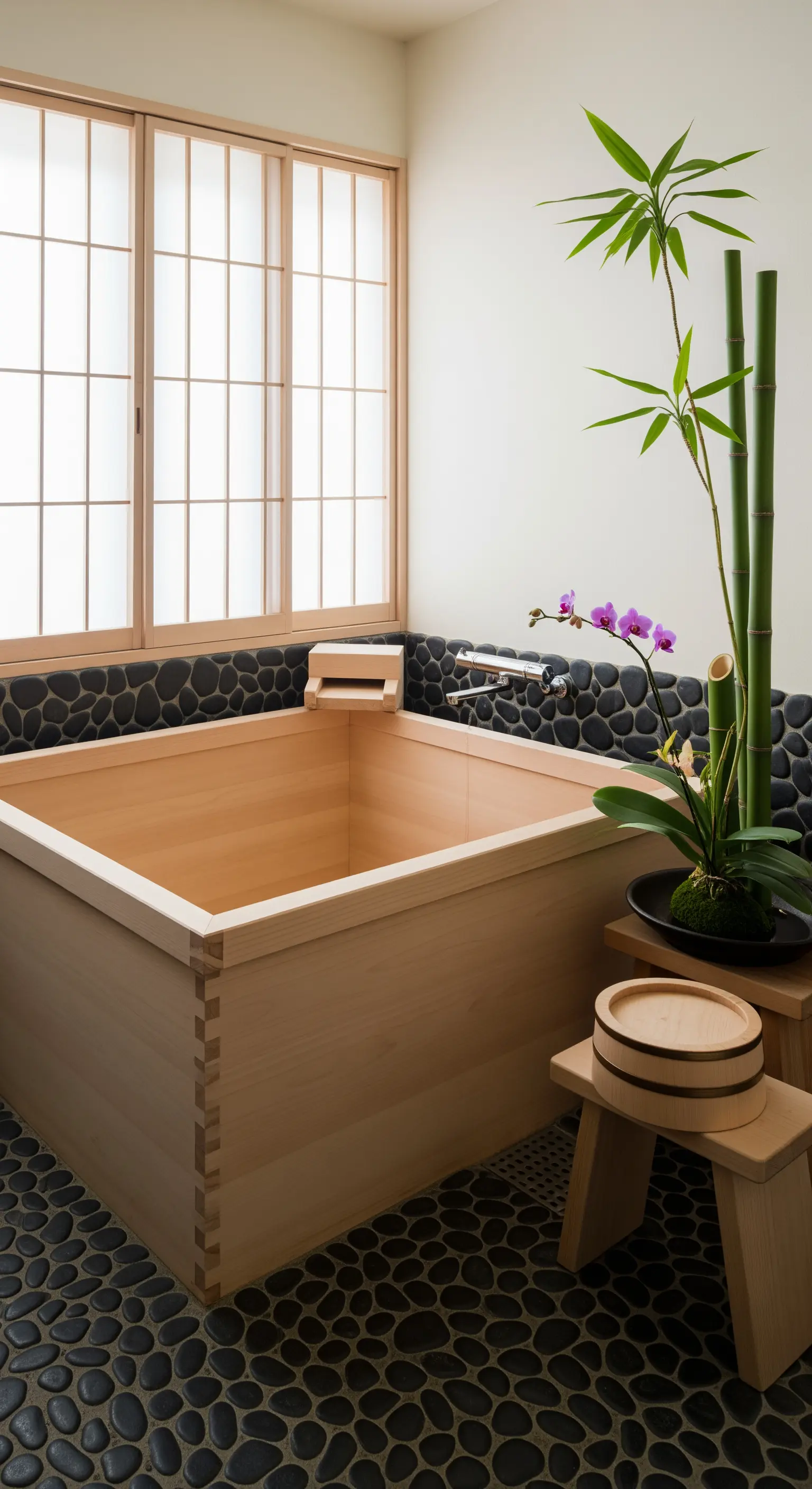 Vasca da bagno giapponese in legno su un letto di ciottoli neri, con bambù e orchidea.