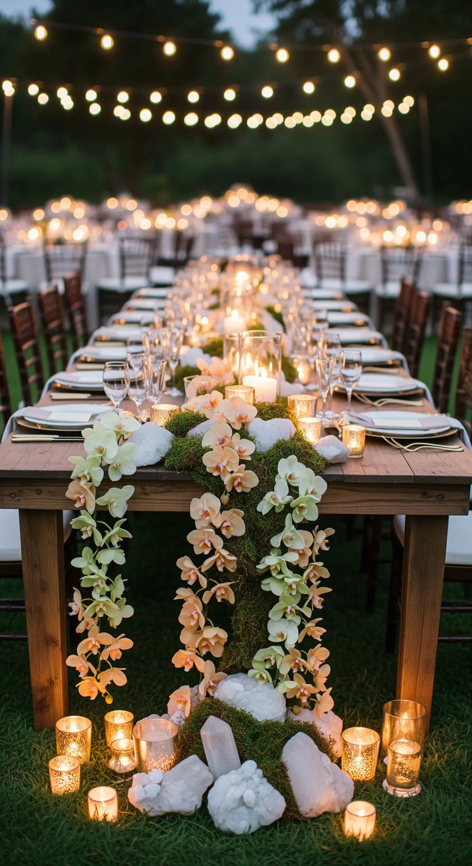 Tavolo in legno con runner di muschio, orchidee color pastello e grandi cristalli grezzi.