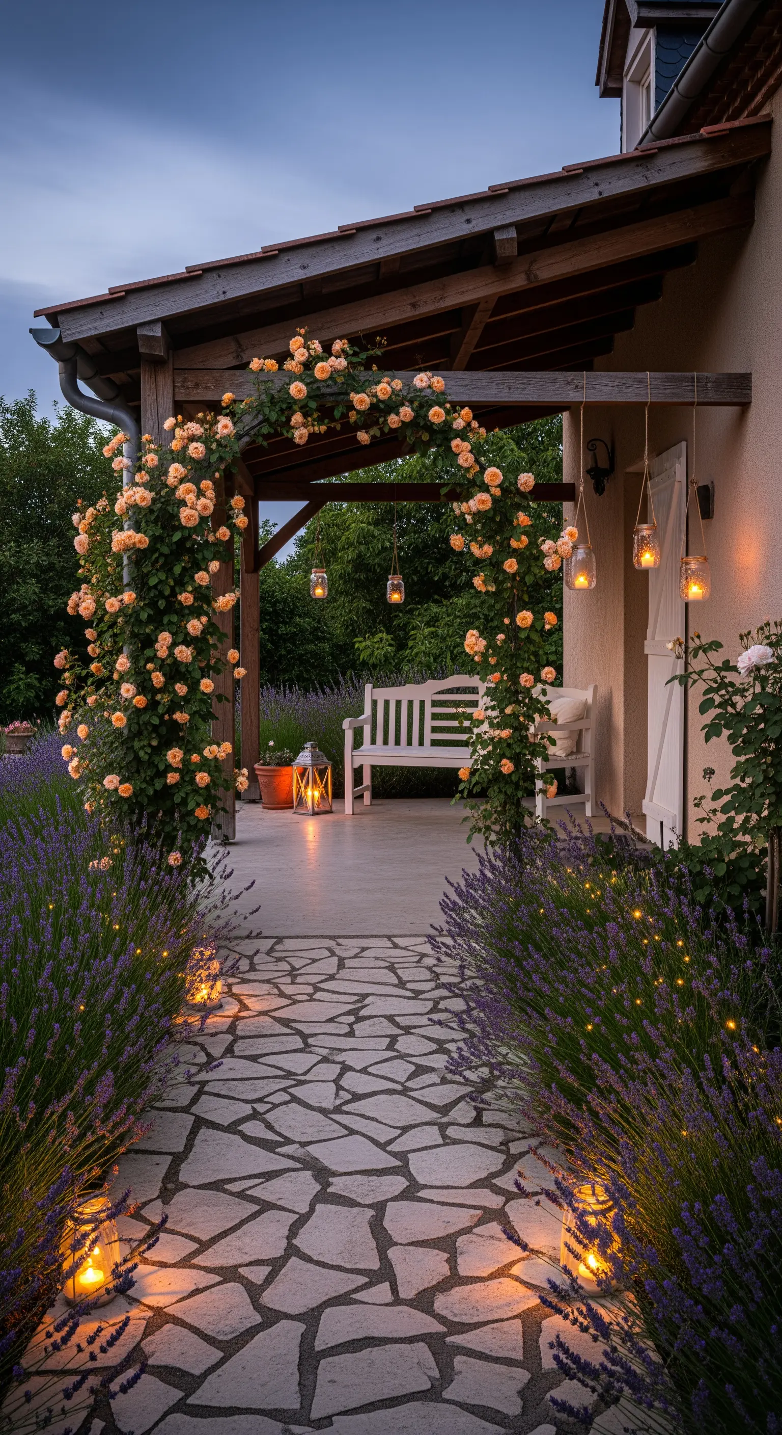 Portico in legno con arco di rose color pesca, sentiero in pietra e bordure di lavanda.