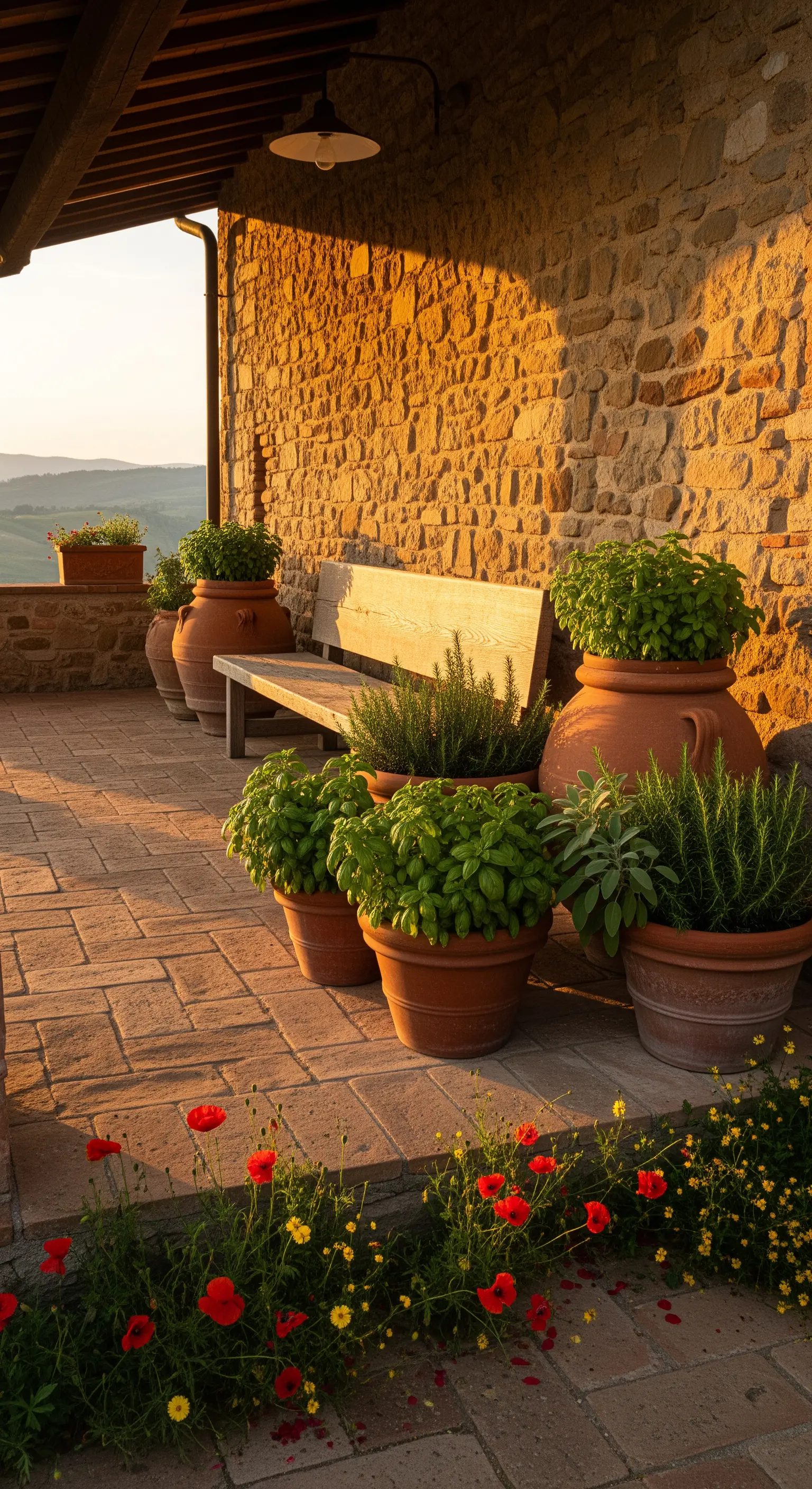 Panca in legno su un patio in cotto, circondata da vasi di erbe aromatiche in terracotta.