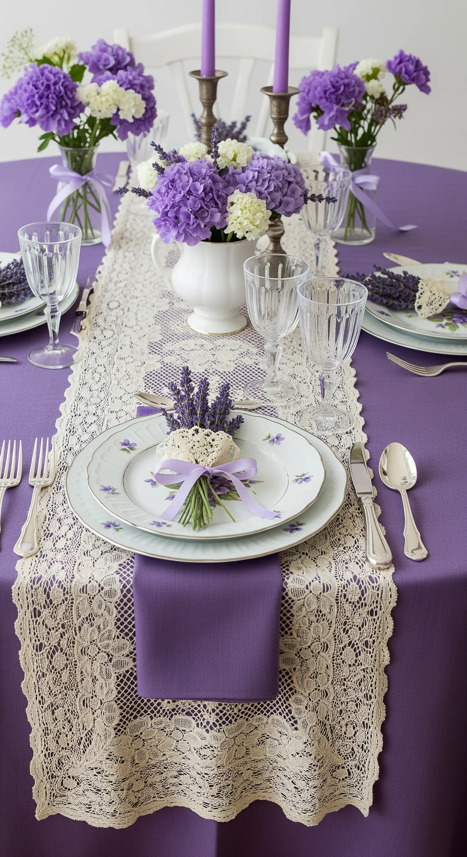 Tavola viola con runner in pizzo, piatti vintage e segnaposto con mazzetti di lavanda fresca.