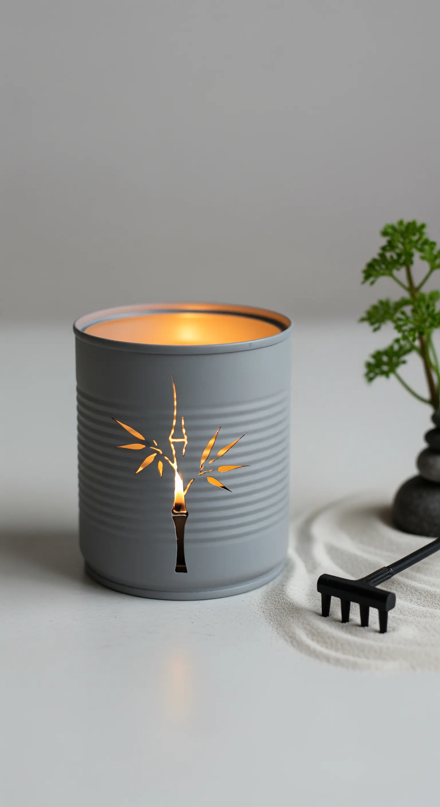Portacandela grigio con un ramo di bambù intagliato, vicino a un piccolo giardino zen.