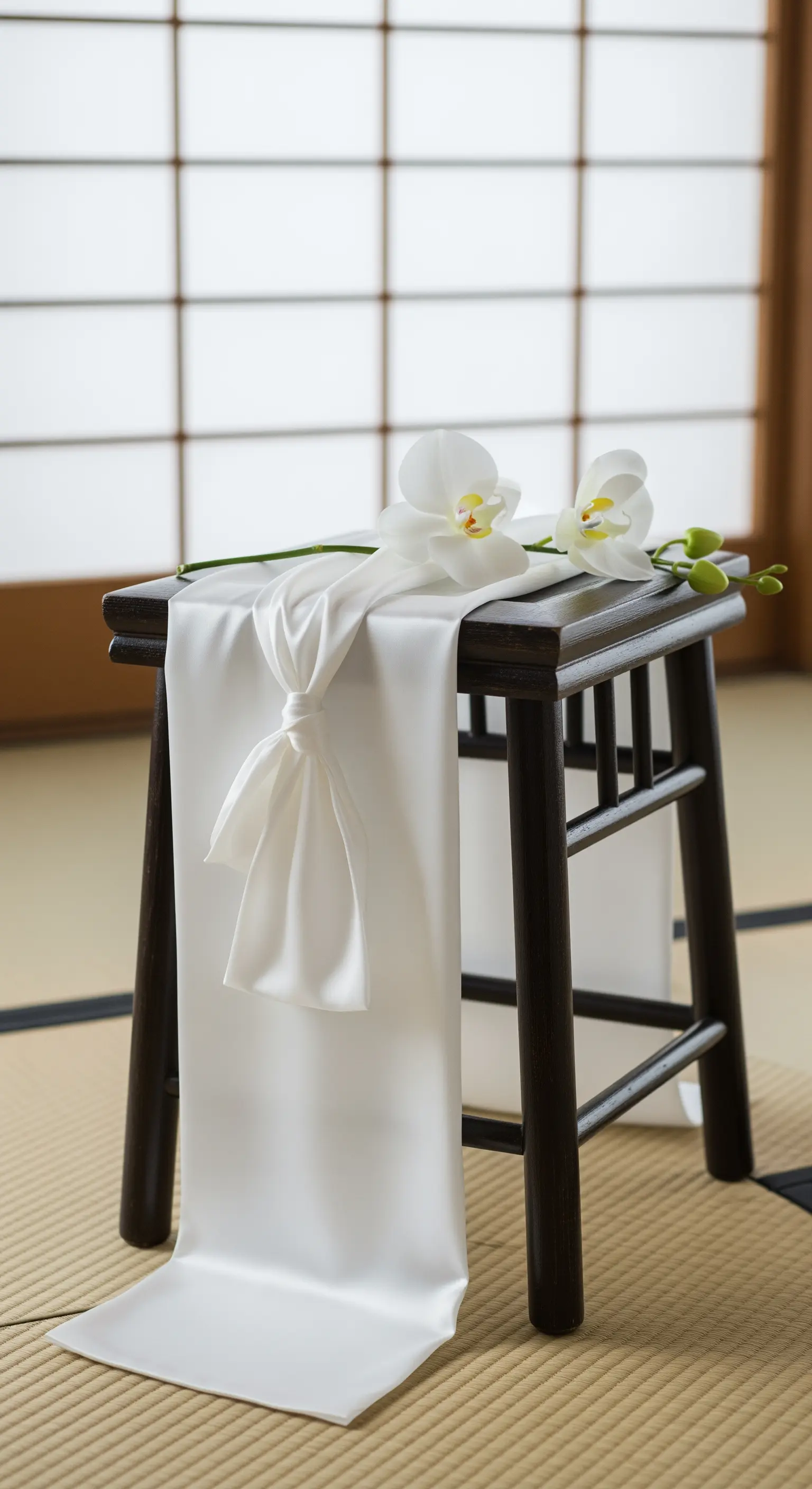Sgabello basso in legno scuro con un drappo di seta bianca annodato e due orchidee bianche.