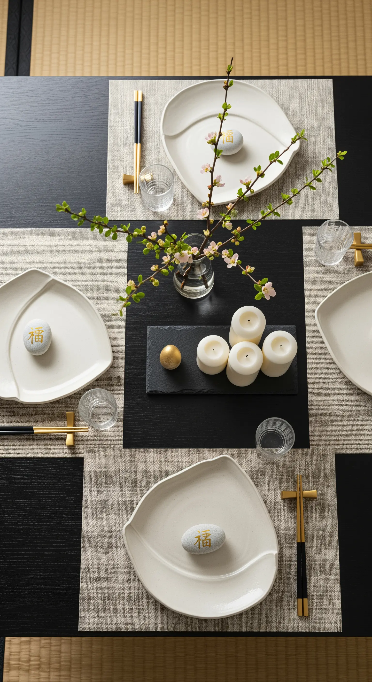 Tavola pasquale in stile giapponese con piatti organici, ramo in fiore e candele bianche.