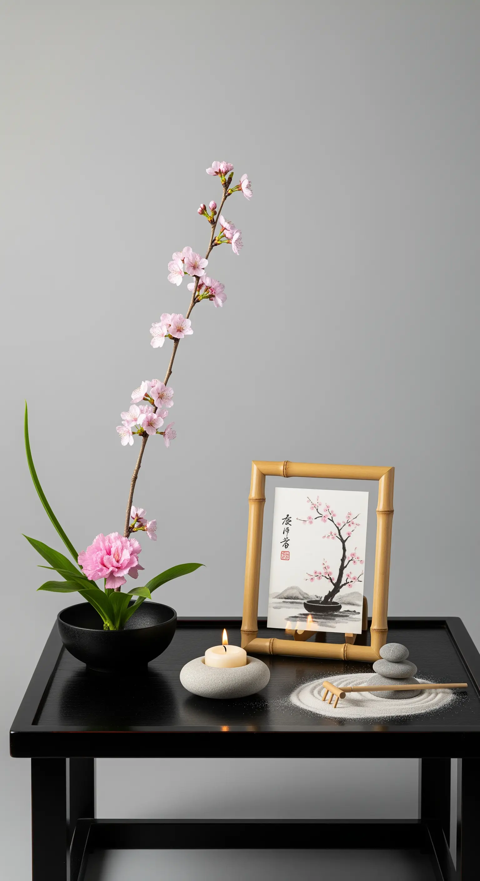 Composizione in stile giapponese con fiori di ciliegio, mini giardino zen e cornice in bambù.