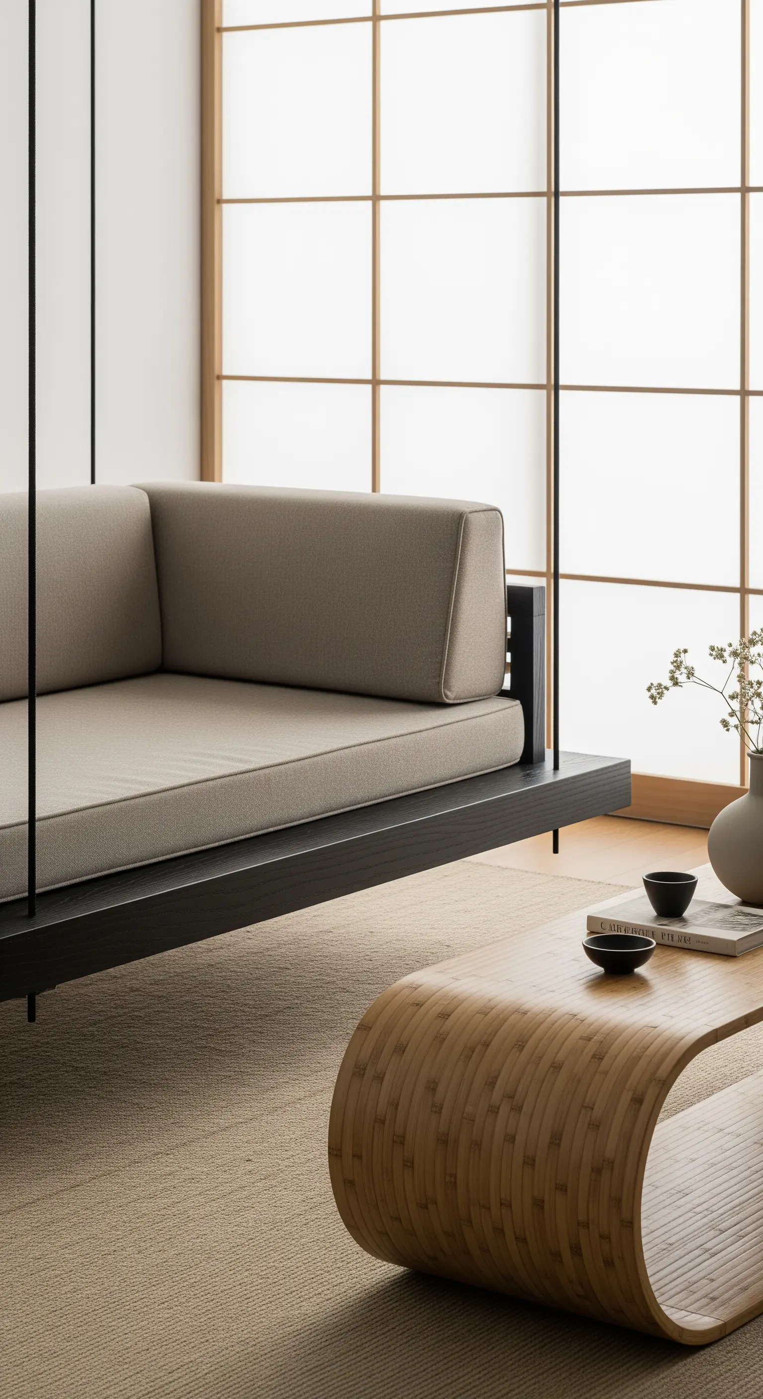 Divano sospeso in legno scuro in un ambiente minimalista con pannelli shoji e tavolino in bambù.