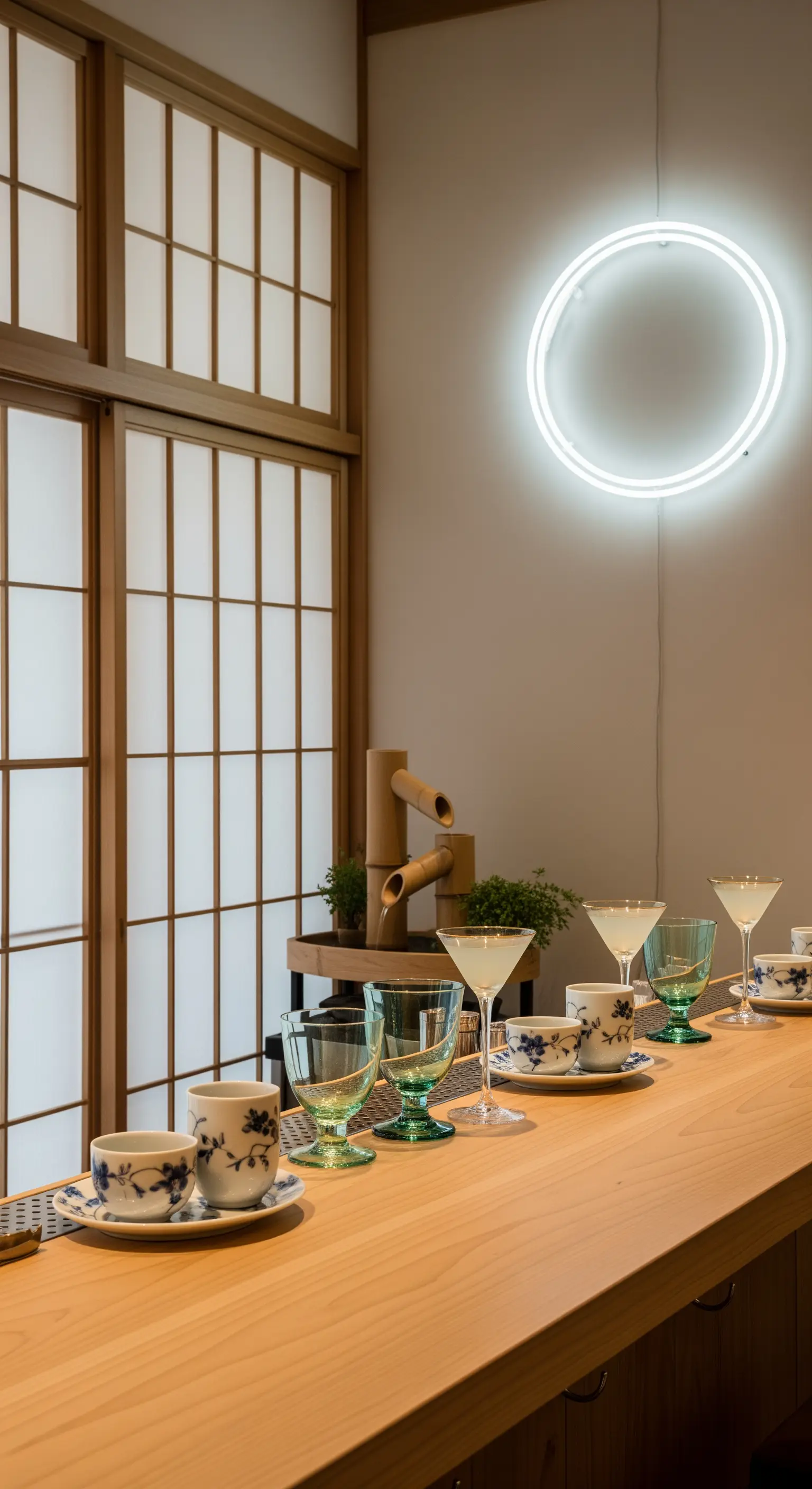 Angolo bar in stile zen con legno chiaro, porta shoji e una luce al neon circolare.