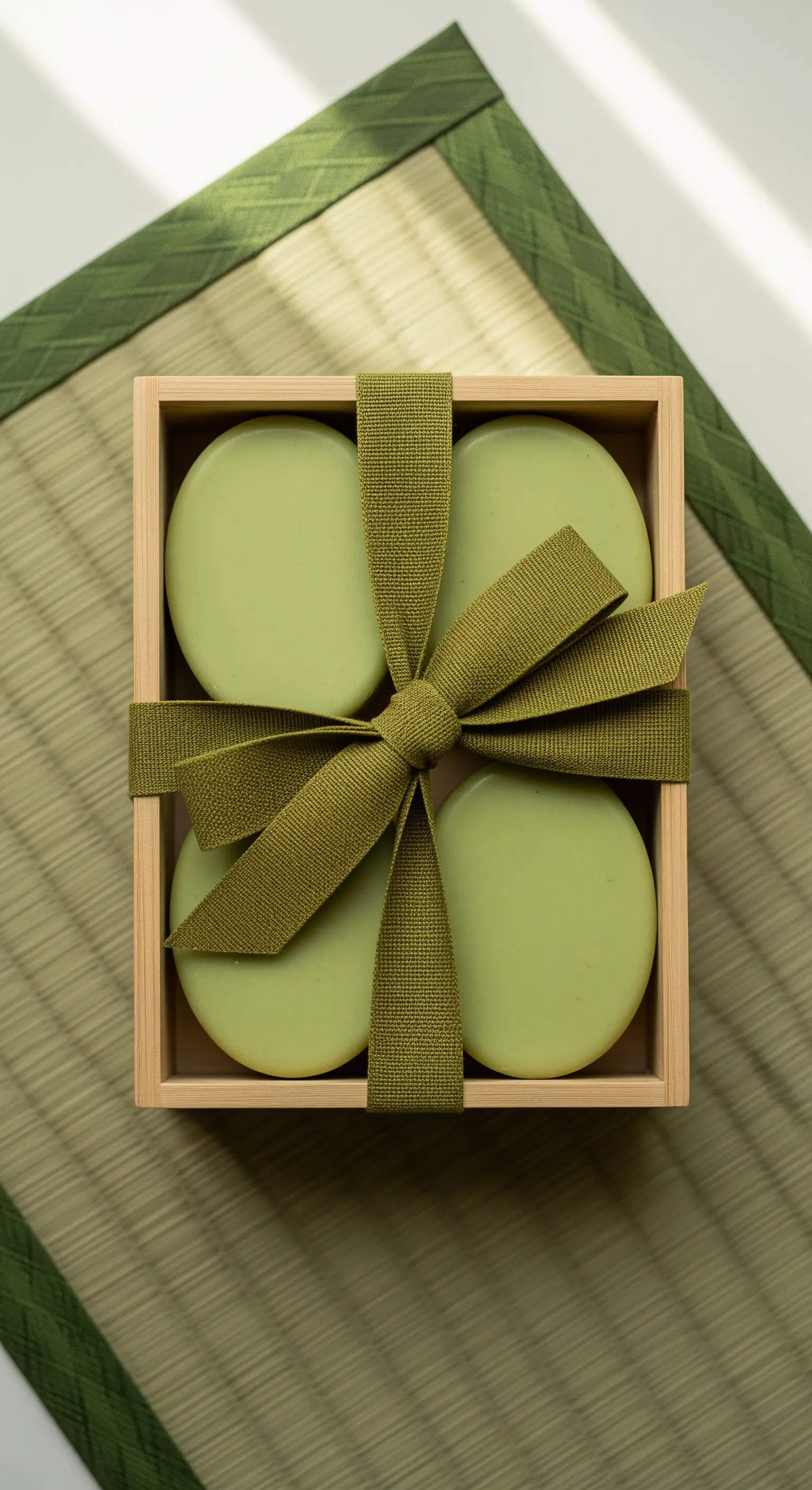 Saponi rotondi verde chiaro in una scatola di legno, con un fiocco in tela verde salvia.