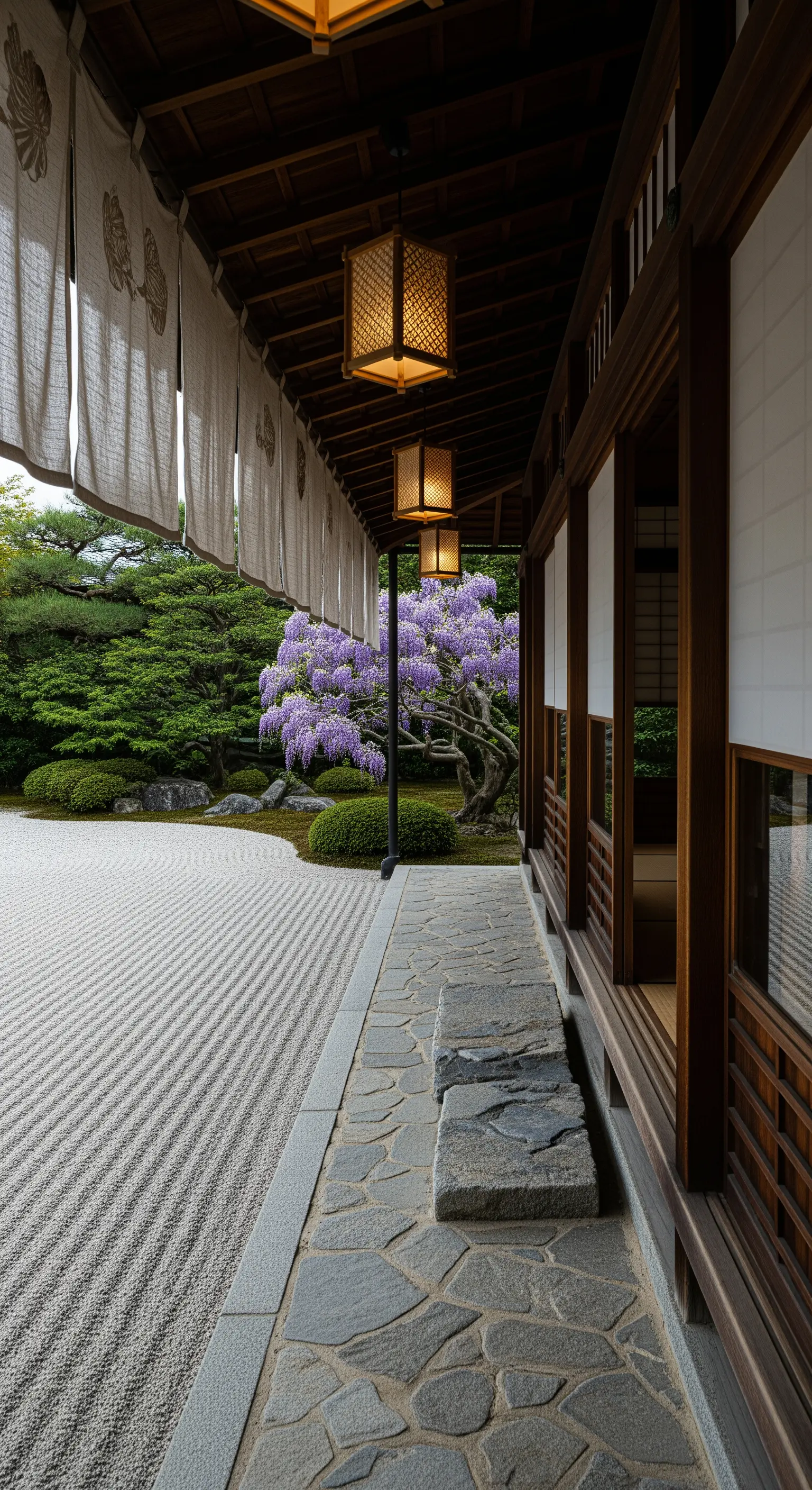 Veranda in stile giapponese con lanterne di carta e vista su giardino zen.