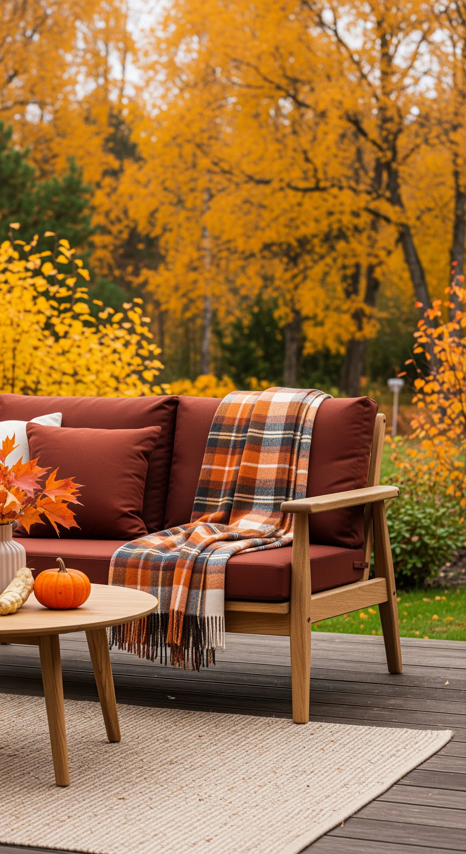 Divano da esterno con cuscini color ruggine e plaid a quadri in un giardino autunnale.