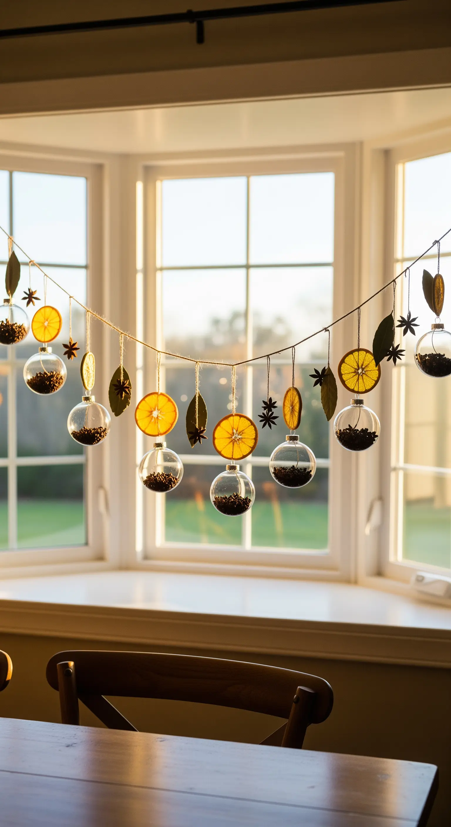 Ghirlanda con fette d'arancia essiccate e palline di vetro piene di chicchi di caffè.