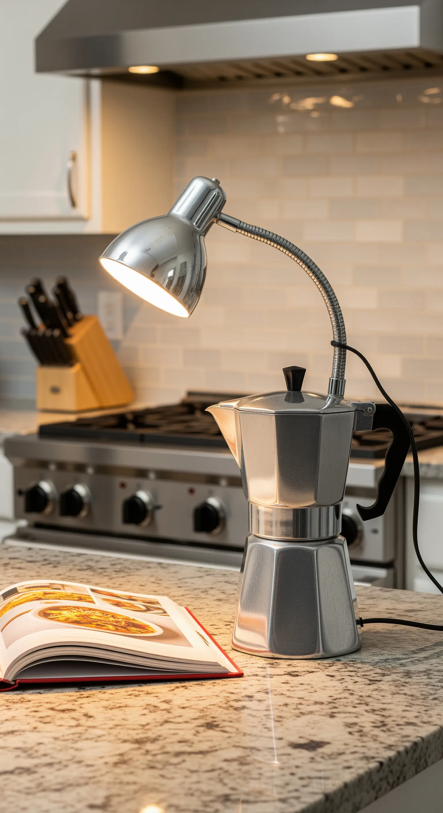 Lampada da cucina creata modificando una caffettiera moka con un braccio flessibile.