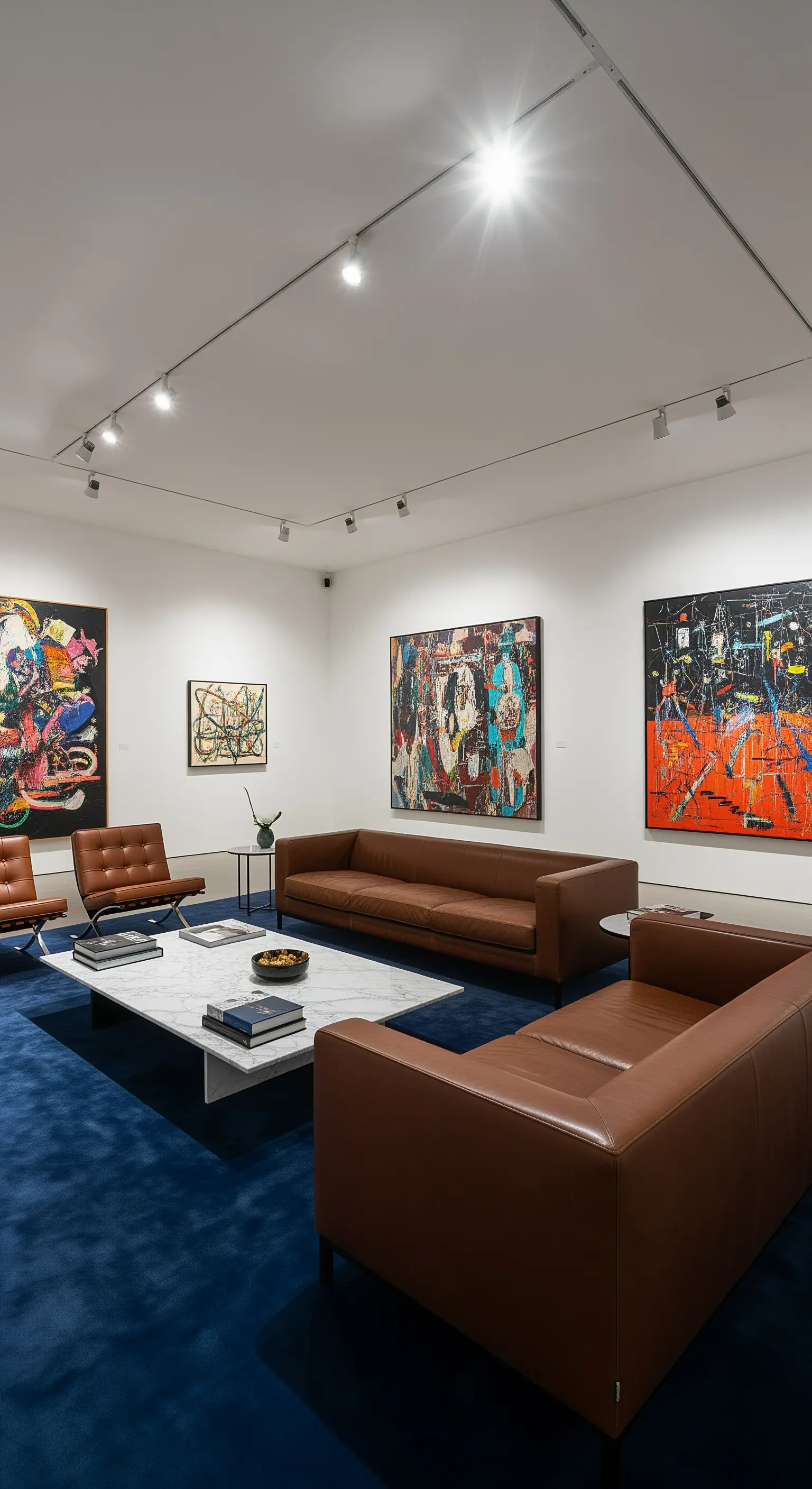 Spazio simile a una galleria d'arte con divani in pelle minimalisti e grandi quadri astratti.