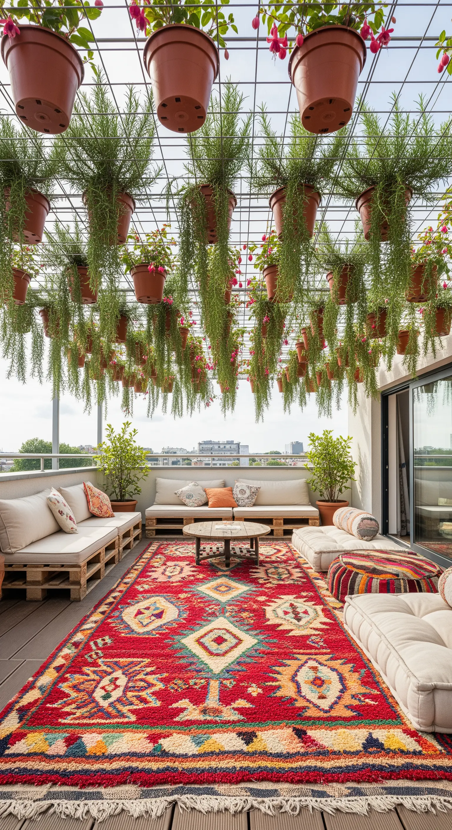 Ampia terrazza con divani in pallet, tappeto marocchino e un soffitto di piante ricadenti.