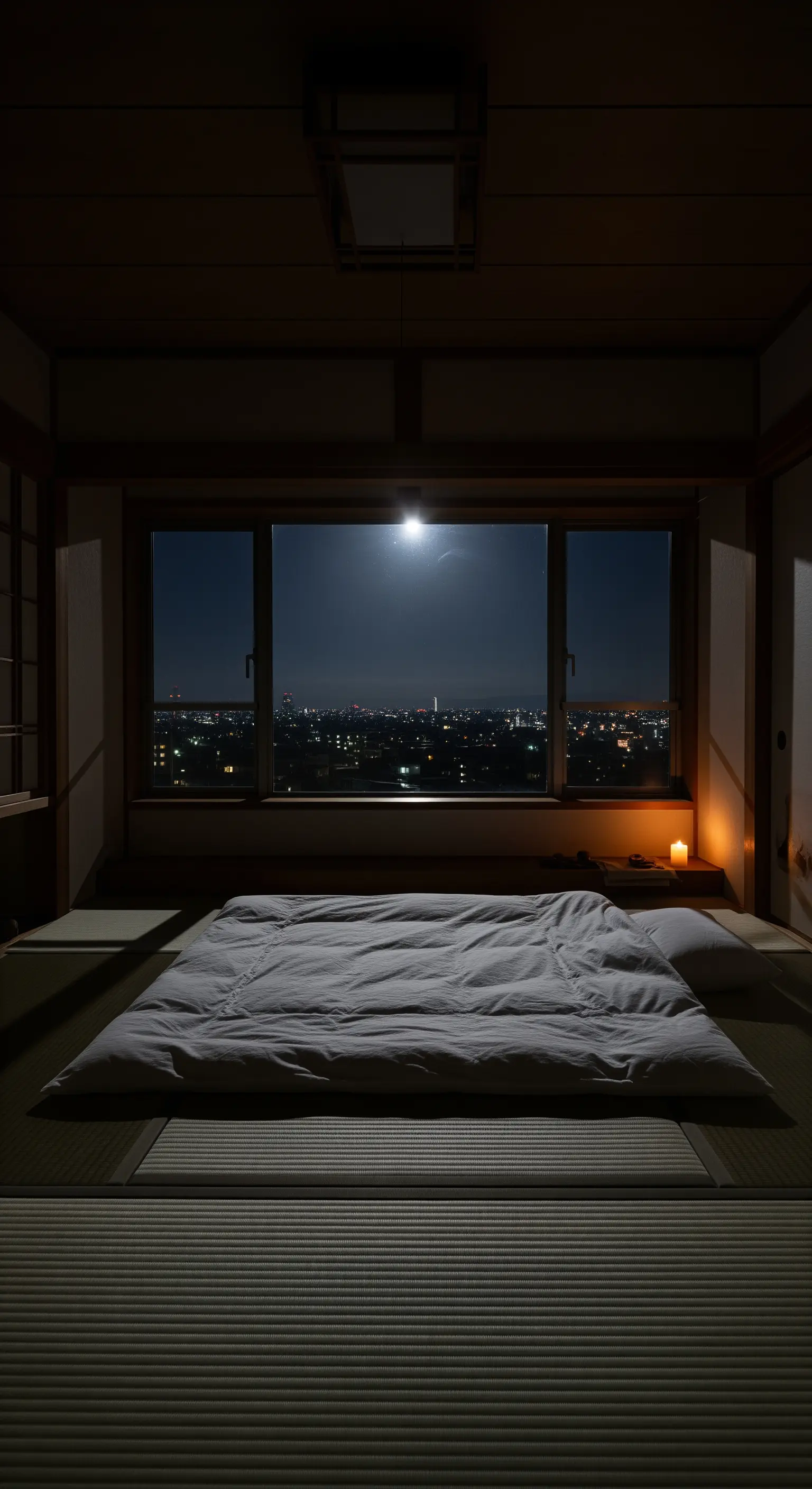 Futon di fronte a una grande finestra con vista notturna su una città illuminata dalla luna.