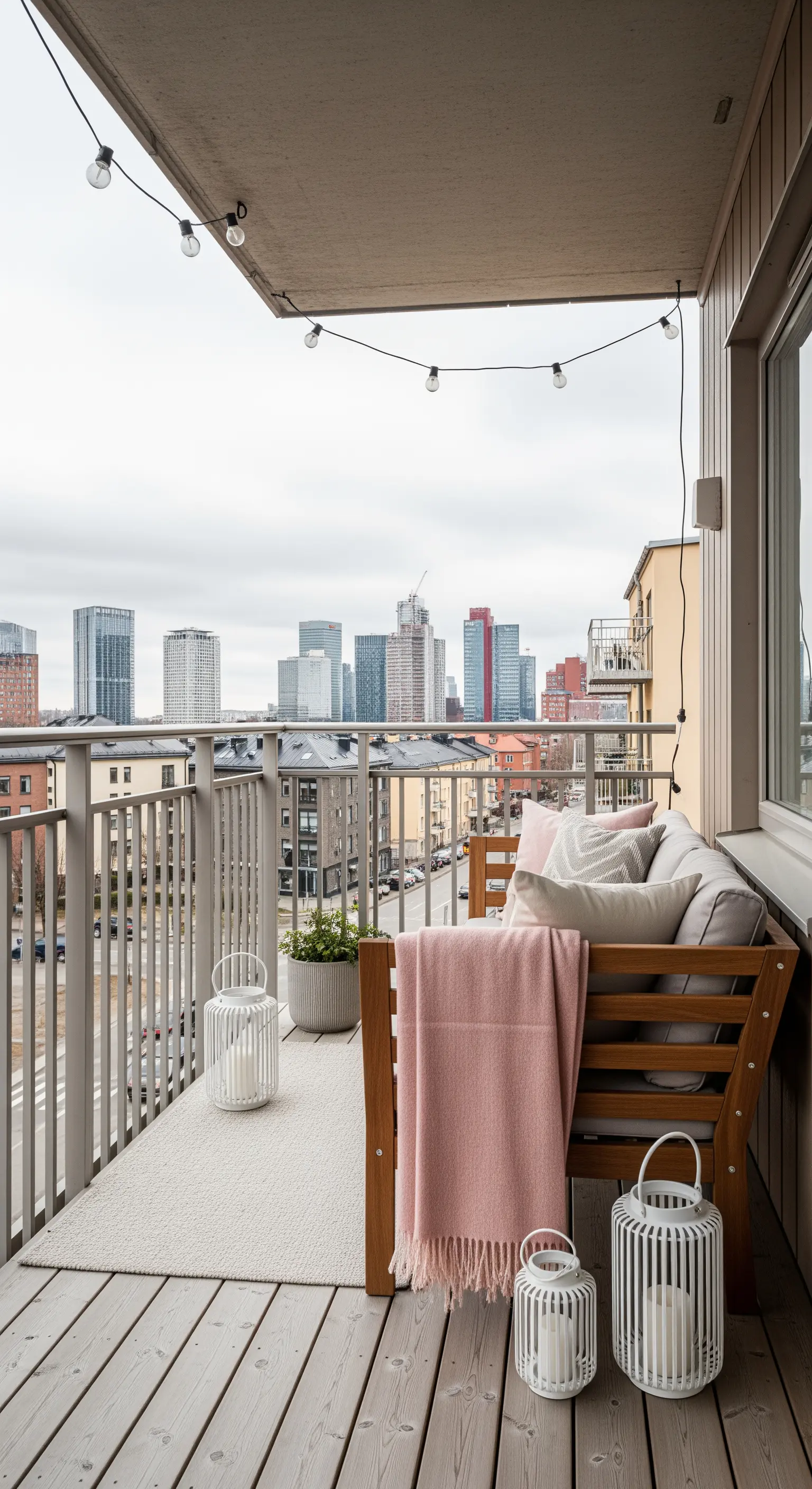 Balcone di città con divanetto in legno, plaid rosa e lanterne bianche