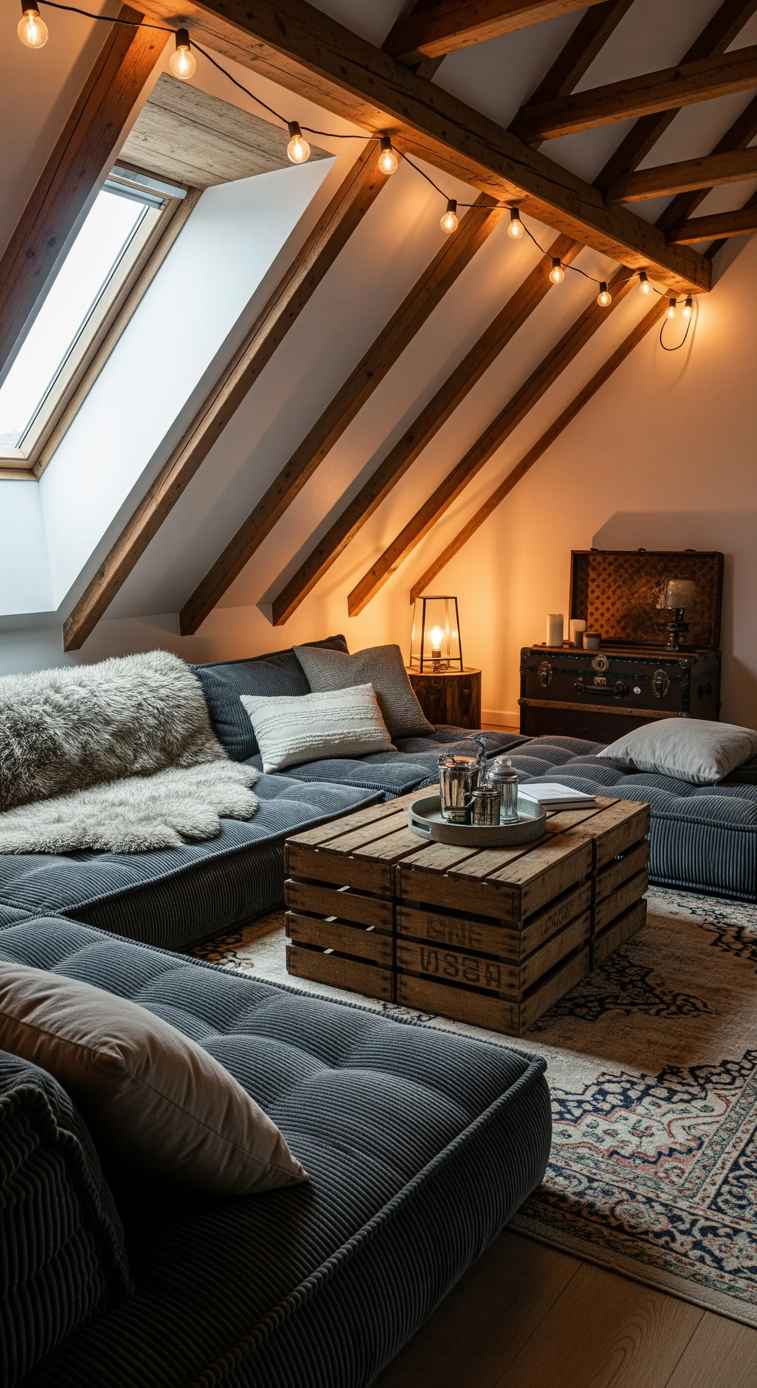 Salotto in mansarda con divani modulari bassi, travi in legno a vista e luci a filo