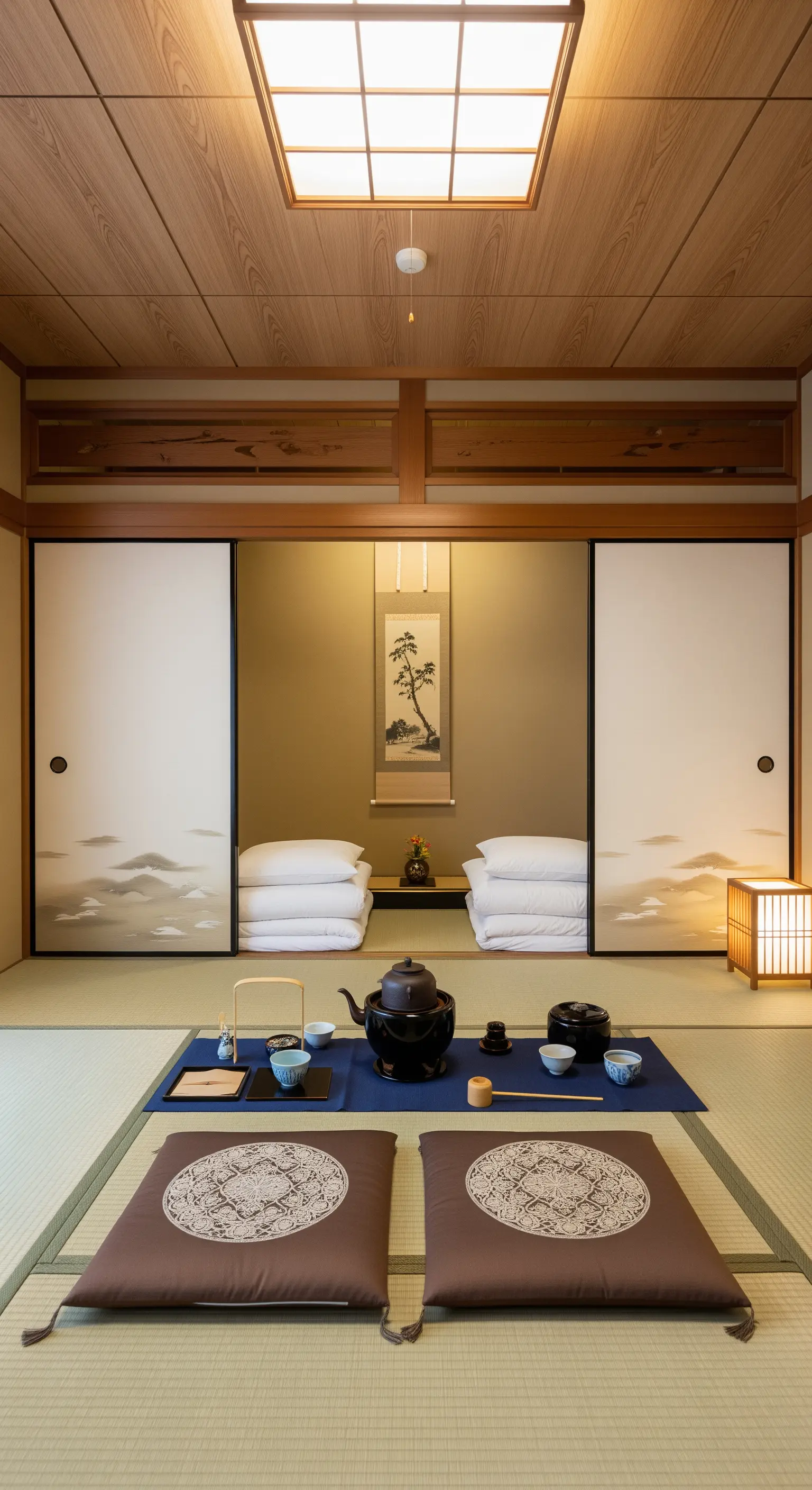Stanza giapponese con futon ripiegati e un set per il tè disposto su tatami.