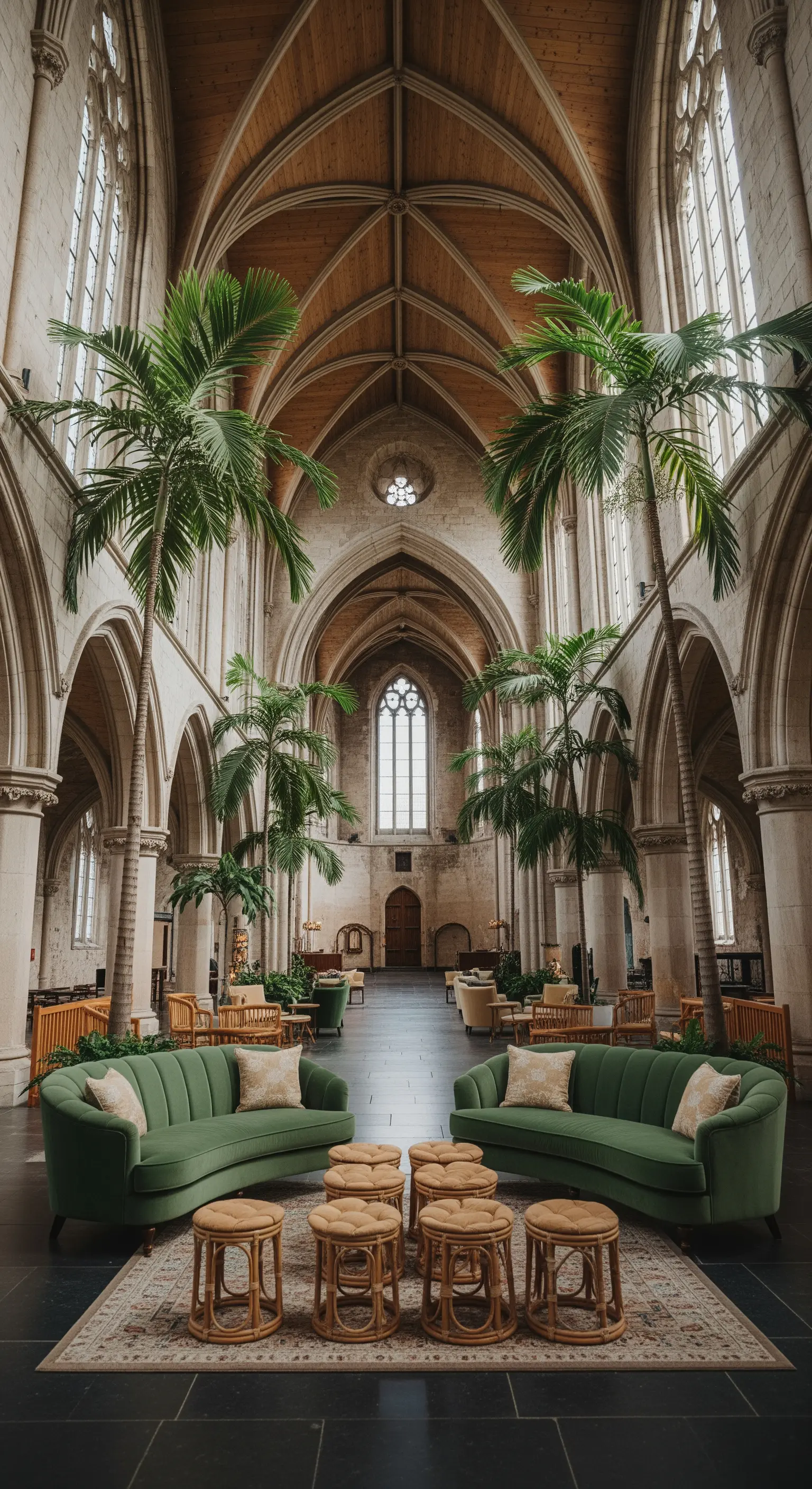 Grande navata di una chiesa arredata con palme altissime e divani verdi curvi.