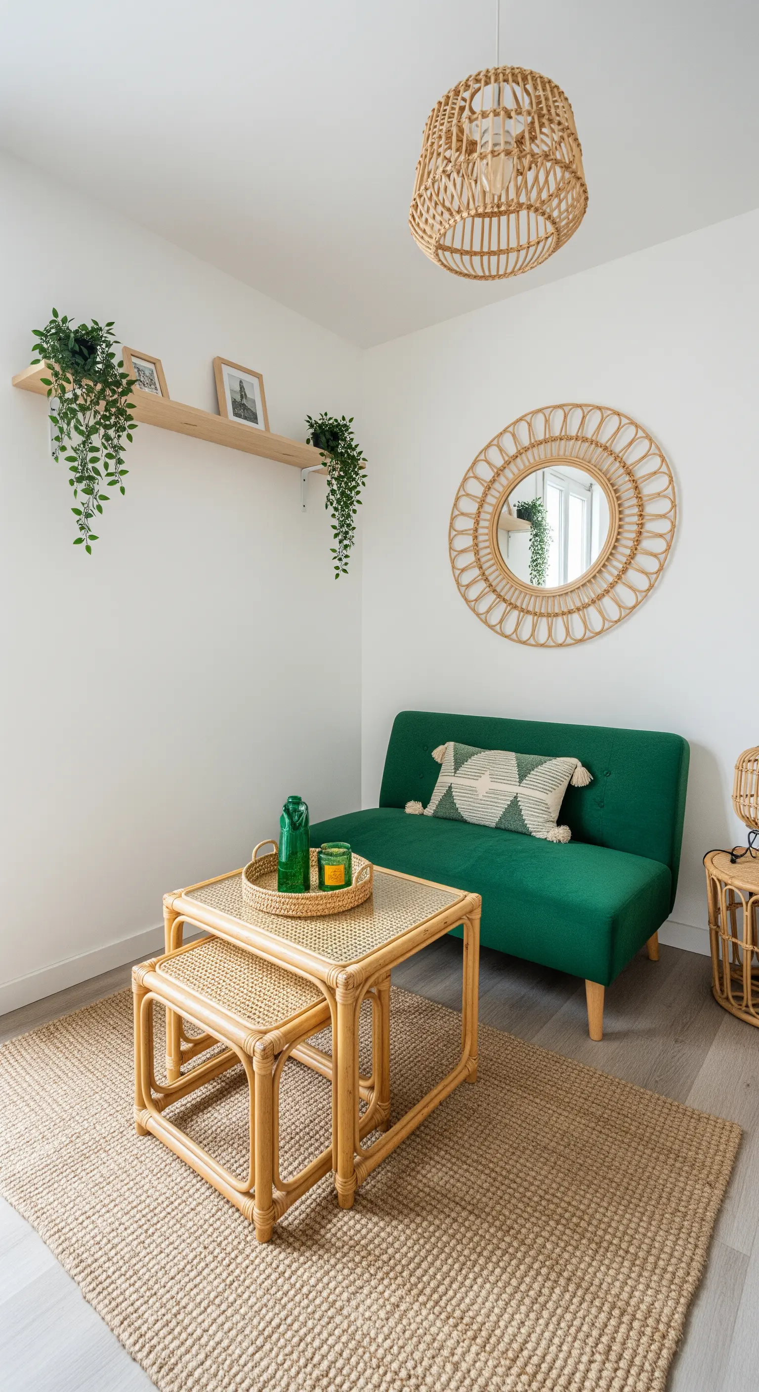 Angolo relax compatto con piccolo divano verde, tavolini in rattan e specchio rotondo.