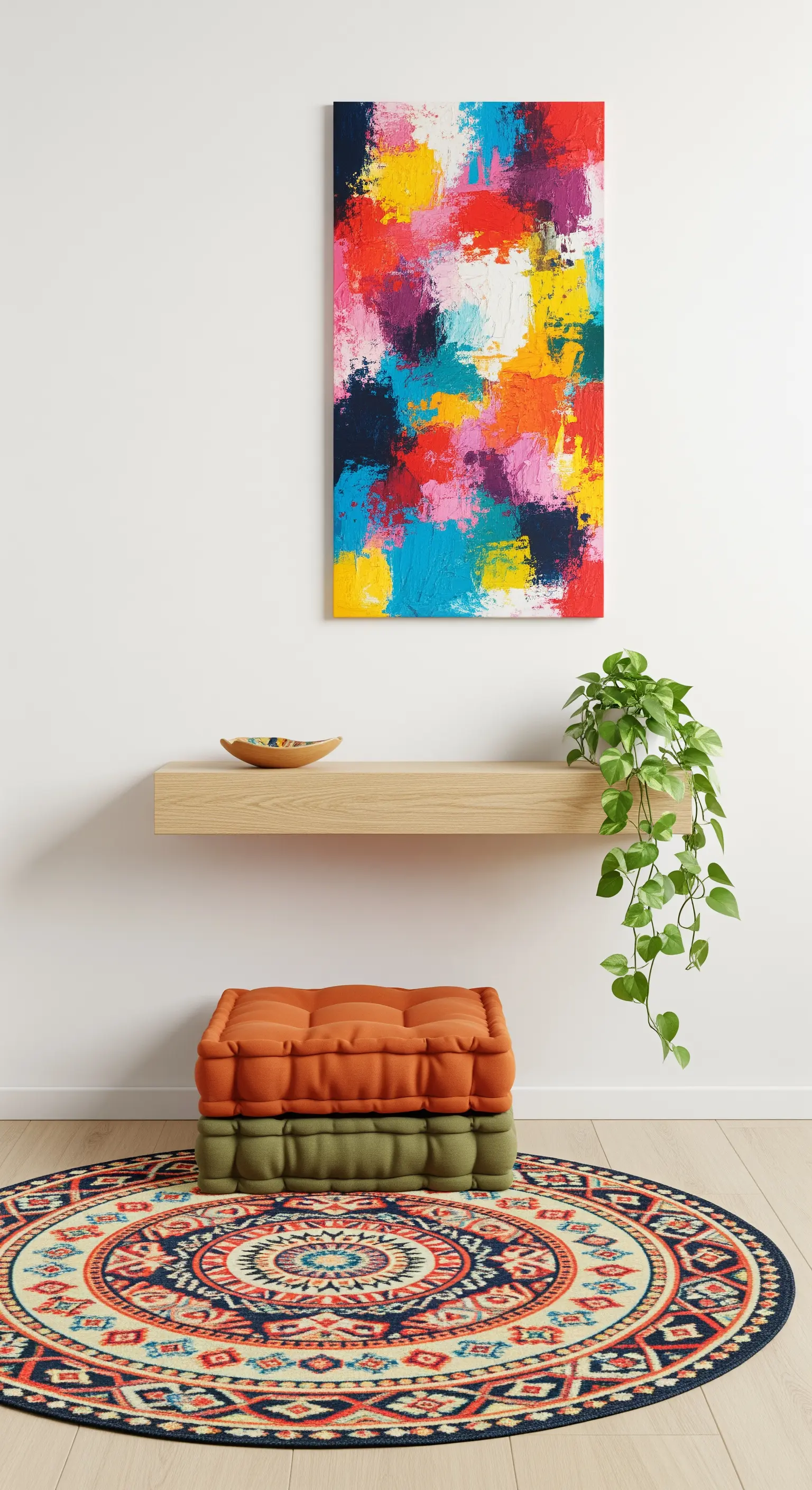 Angolo ingresso minimalista con mensola sospesa, cuscini da terra impilati e tappeto rotondo.