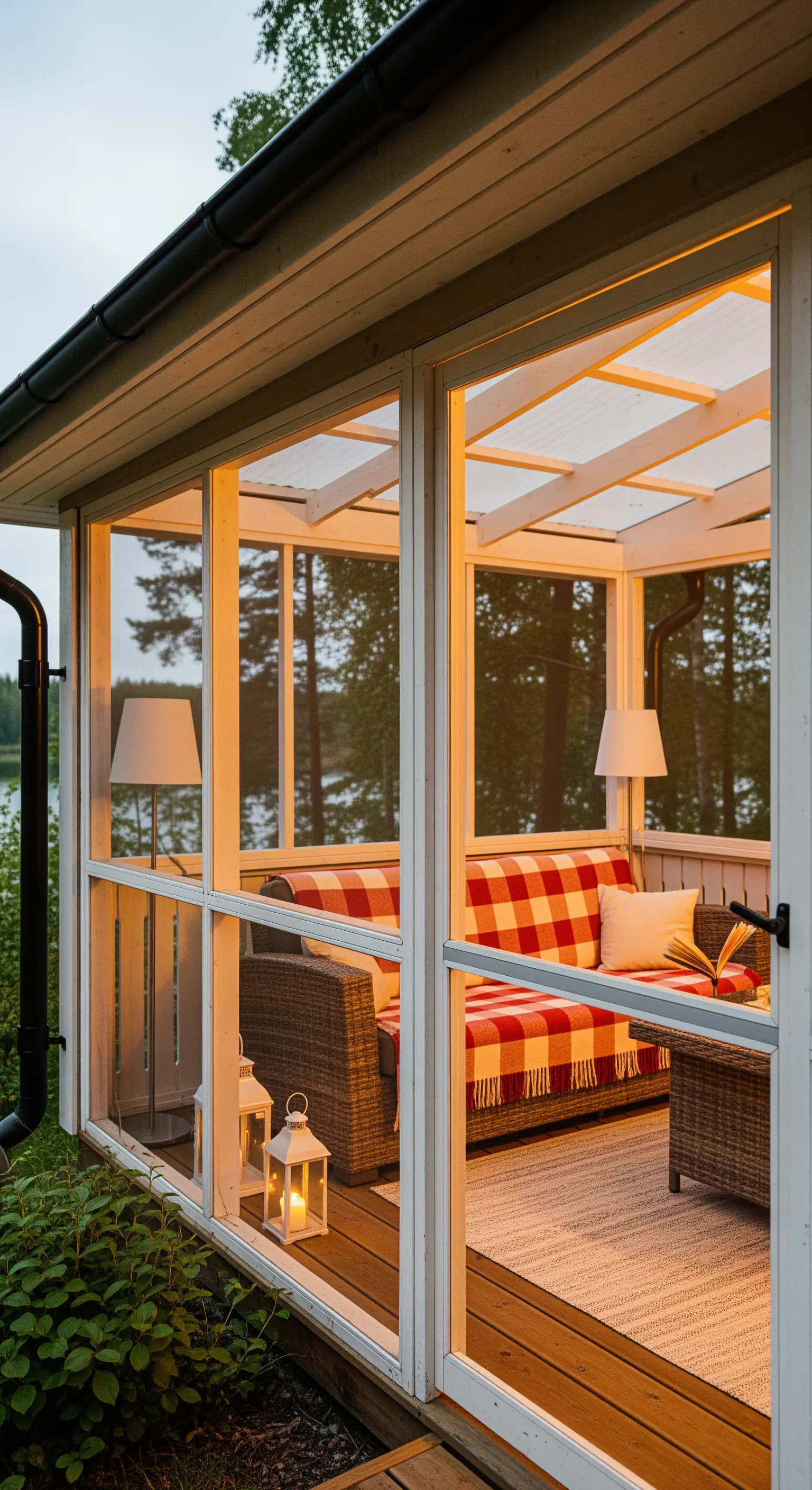 Veranda chiusa con divano in rattan, plaid a quadri rossi e un tappeto chiaro