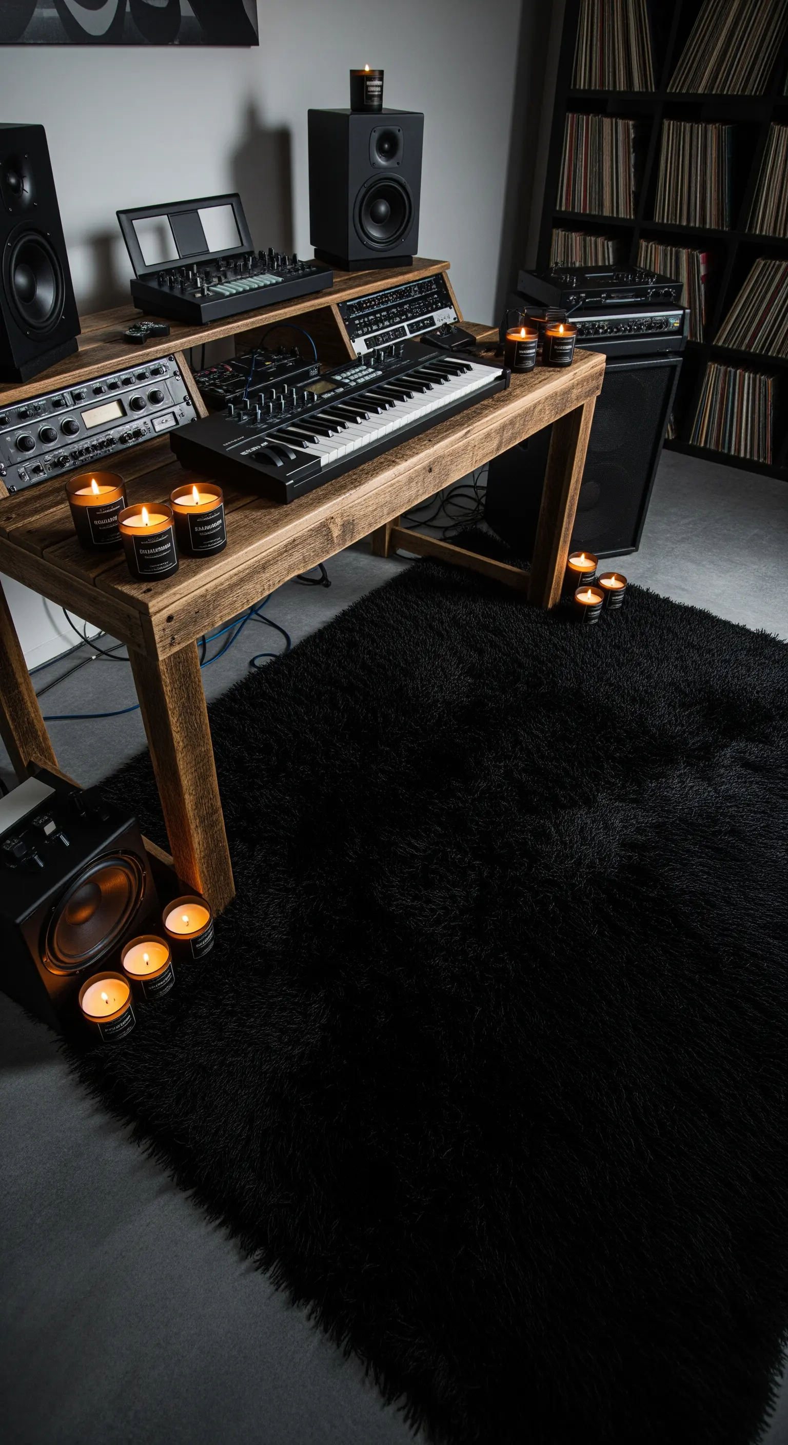Studio di registrazione con scrivania in legno, attrezzatura musicale e un grande tappeto nero shaggy.